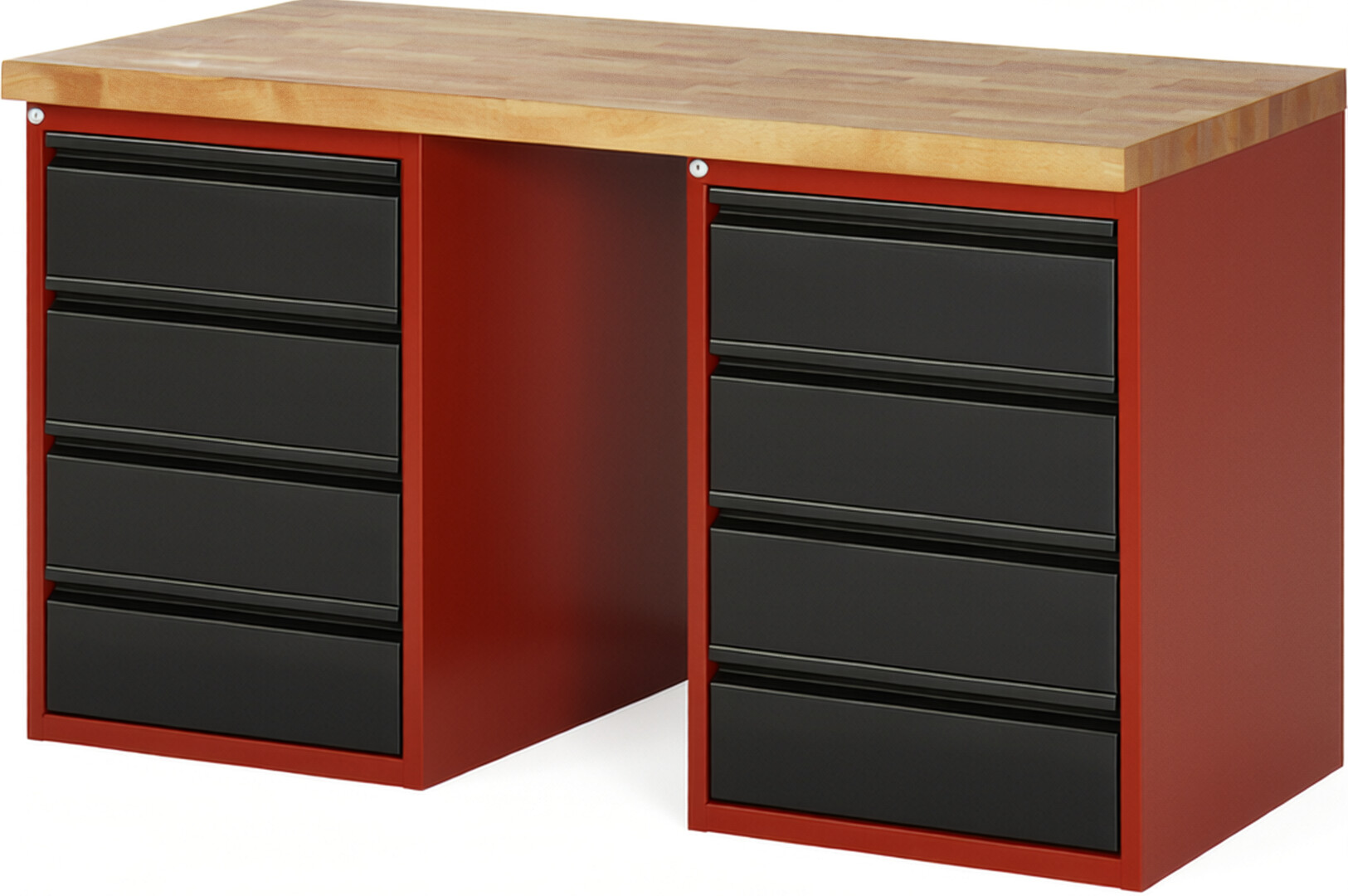 Werkbank - Modell 7509 BASIC rot - schwarz, BxTxH 1500x700x890 mm,  Buche-Massiv Arbeitsplatte 40 mm,  8 Schubladen mit  Auszug 90 %