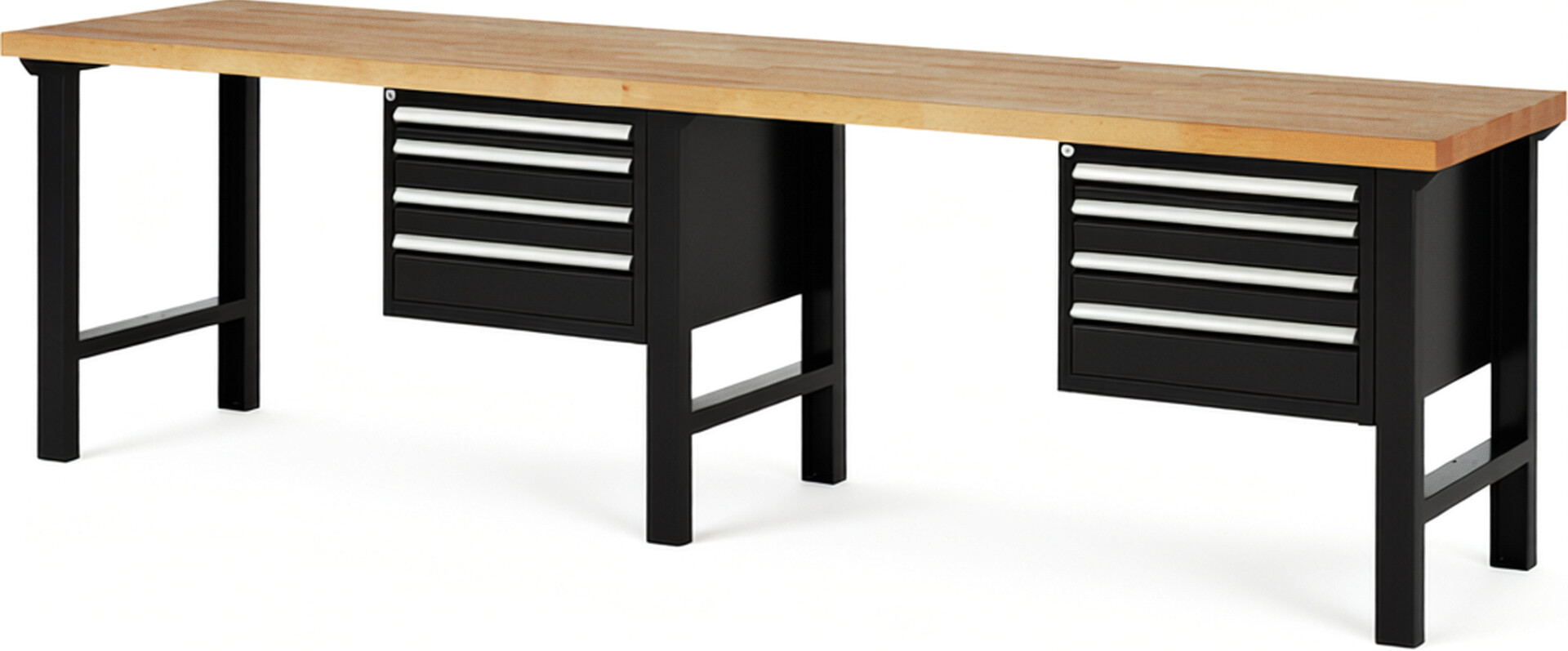 Werkbank Modell 7132 schwarz, BxTxH 3000x700x840 mm,  Buche-Massiv Arbeitsplatte 40 mm,  8 Schubladen mit  Auszug 90 %