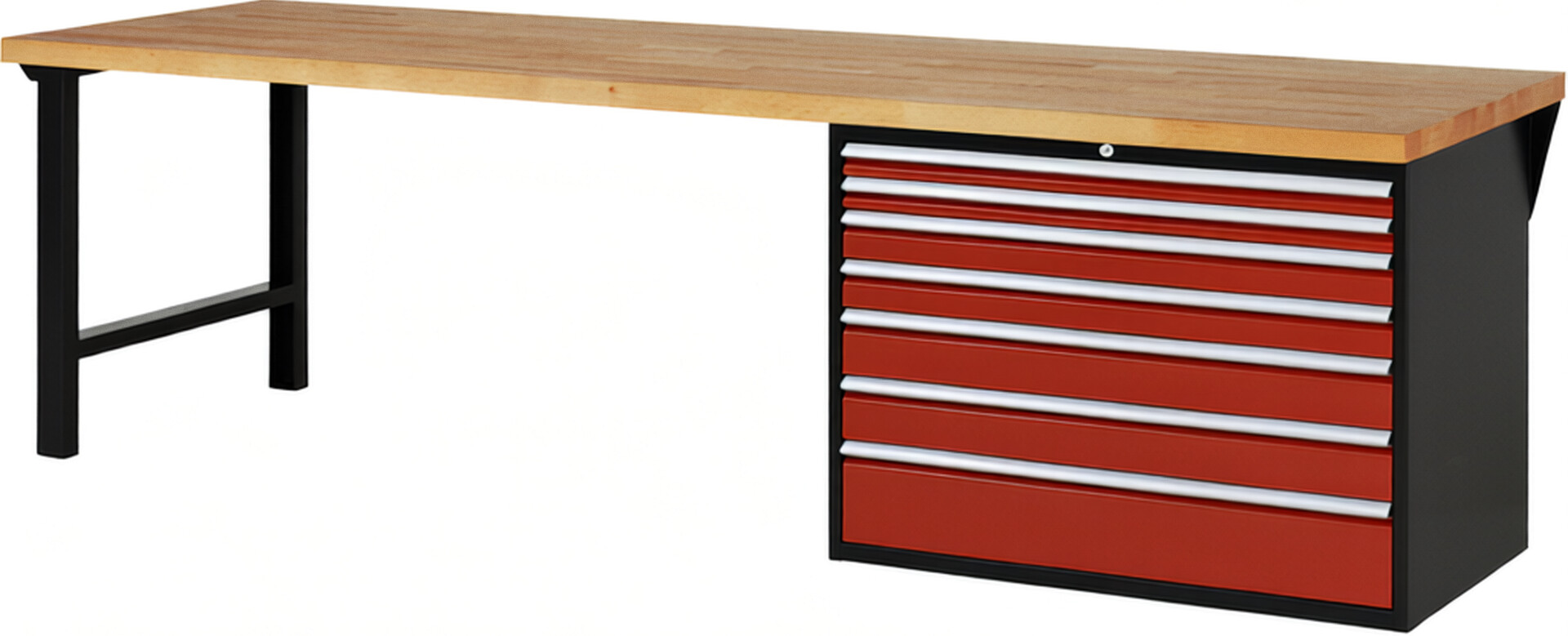 RAU Werkbank schwarz - rot - Breite 300 cm - Tiefe 90 cm - Höhe 89 cm - Buche-Massiv Arbeitsplatte 40 mm