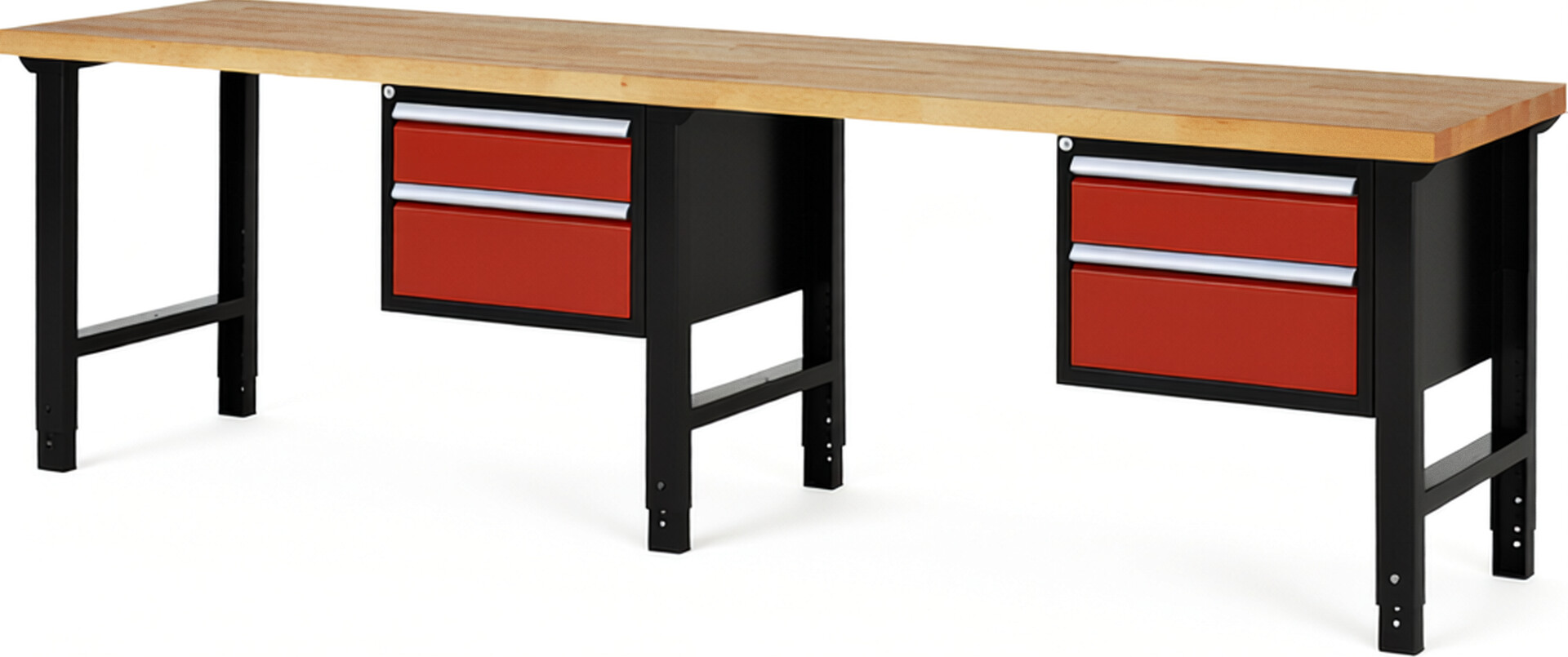 RAU Werkbank schwarz - rot - Breite 300 cm - Tiefe 70 cm - Höhe 114 cm - Buche-Massiv Arbeitsplatte 40 mm