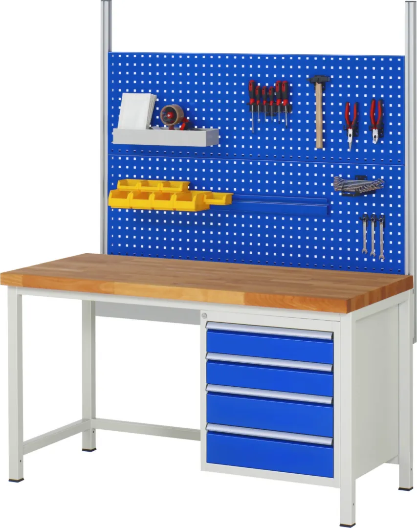 Werkbank Modell 8159 rot - schwarz, BxTxH 1500x900x840-1040 mm,  Buche-Massiv Arbeitsplatte 40 mm,  3 Schubladen mit  Vollauszug 100 % und  SoftClosing