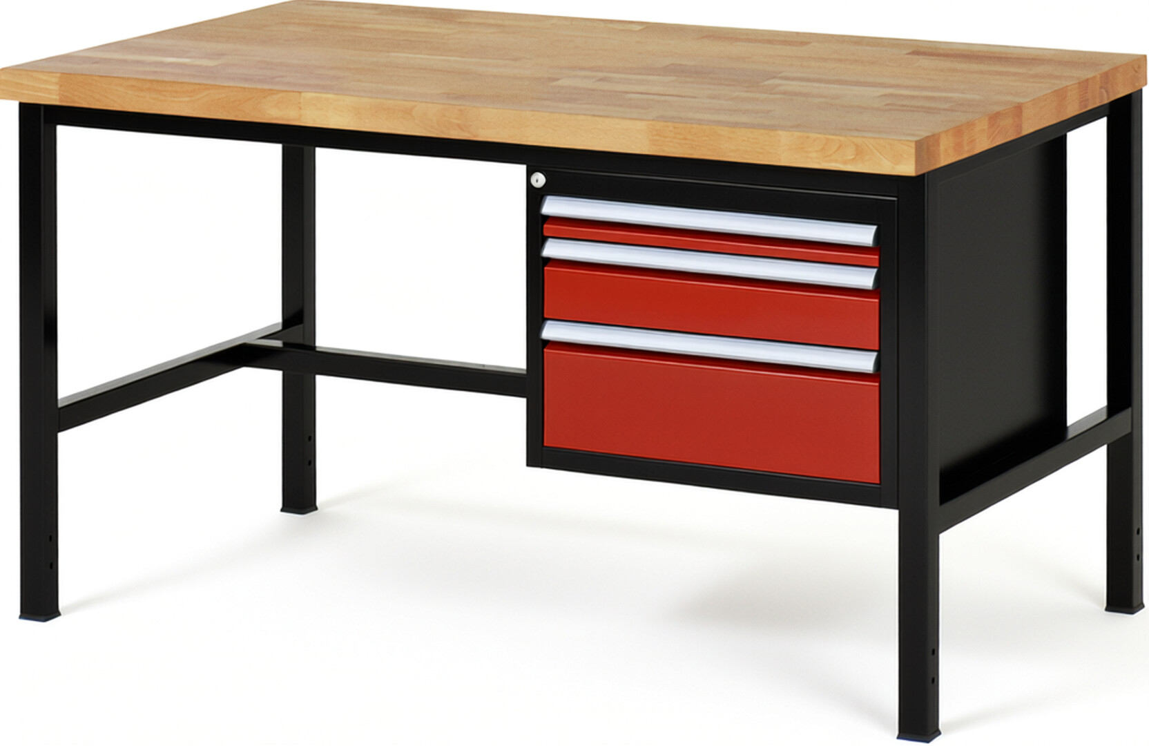 RAU Werkbank schwarz - rot - Breite 150 cm - Tiefe 90 cm - Höhe 84 cm - Buche-Massiv Arbeitsplatte 40 mm