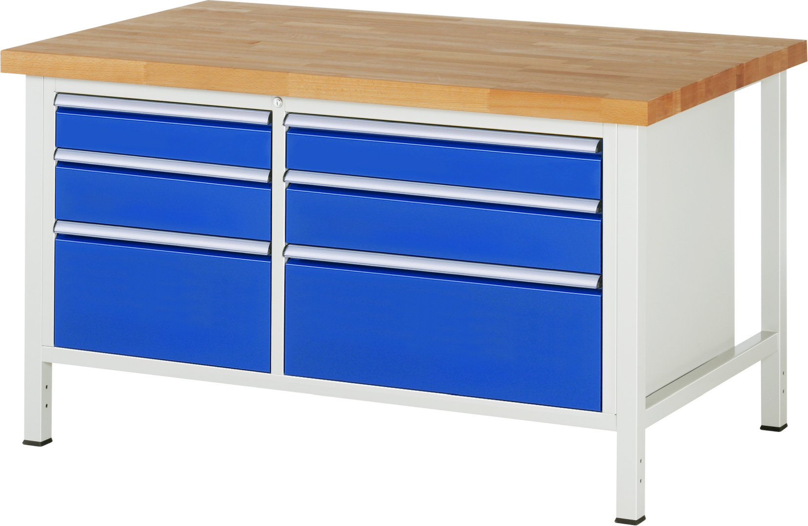 Werkbank Modell 8652,  BxTxH 1500x900x840-1040 mm,  Buche-Massiv Arbeitsplatte 40 mm,  6 Schubladen mit  Vollauszug 100 % und  SoftClosing