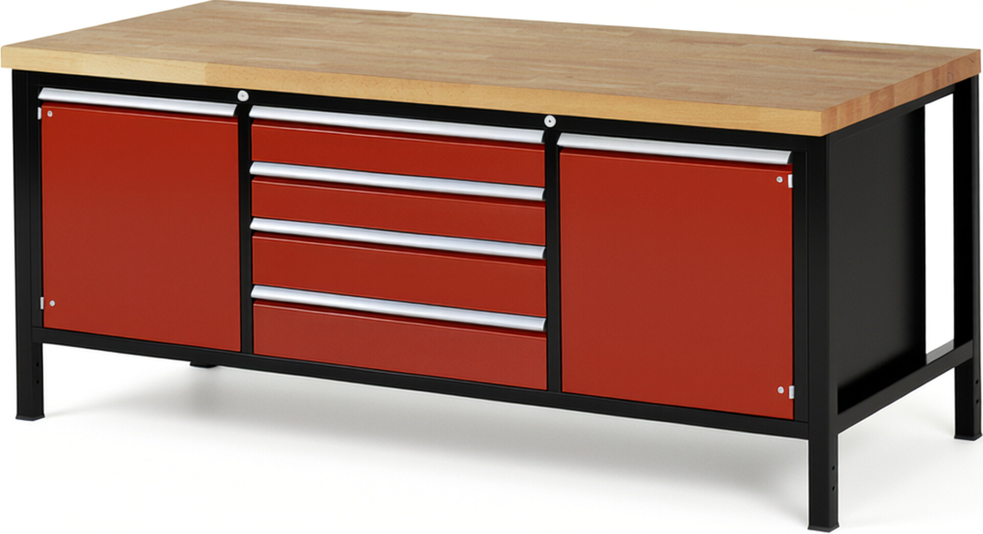 RAU Werkbank schwarz - rot - Breite 200 cm - Tiefe 90 cm - Höhe 104 cm - Buche-Massiv Arbeitsplatte 40 mm