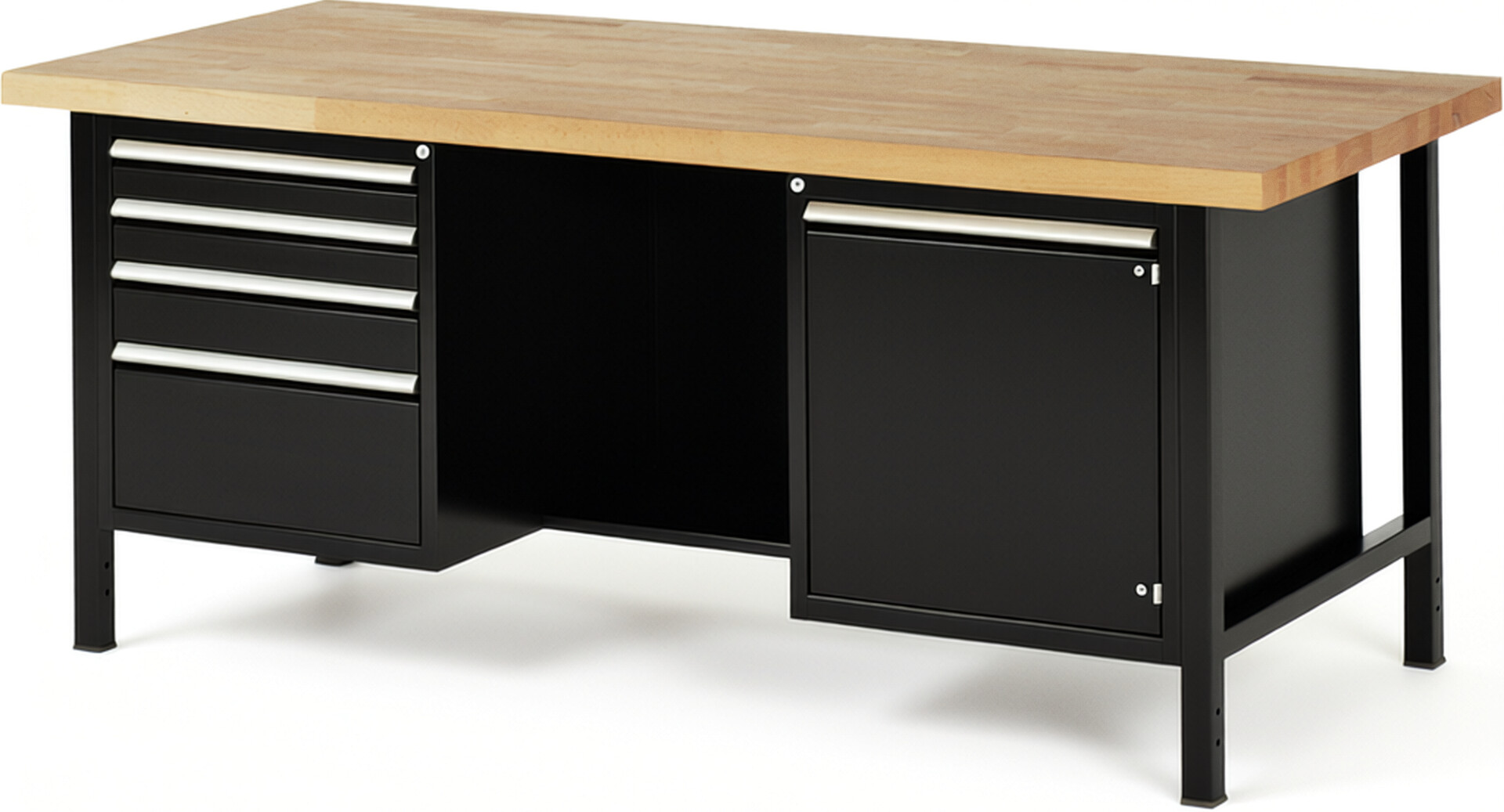 Werkbank Modell 8553 schwarz, BxTxH 2000x900x840-1040 mm,  Buche-Massiv Arbeitsplatte 40 mm,  4 Schubladen mit  Vollauszug 100 % und  SoftClosing