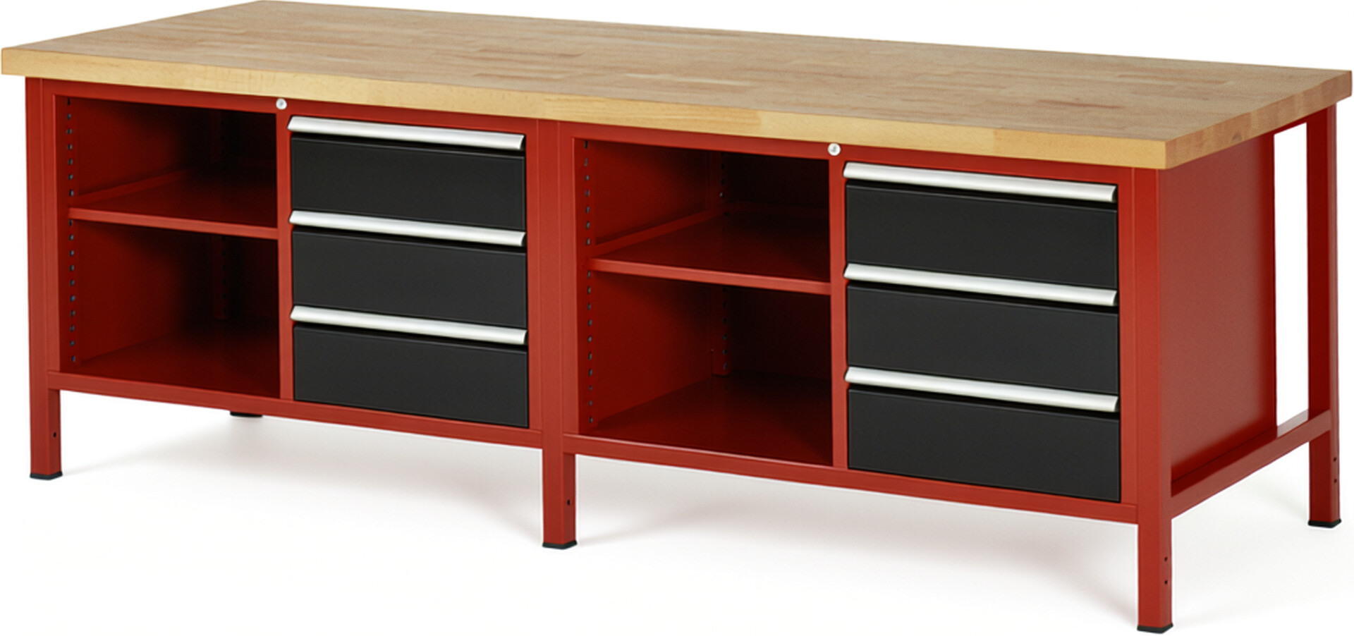 Werkbank Modell 8462 rot - schwarz, BxTxH 2500x900x840 mm,  Buche-Massiv Arbeitsplatte 40 mm,  6 Schubladen mit  Vollauszug 100 % und  SoftClosing