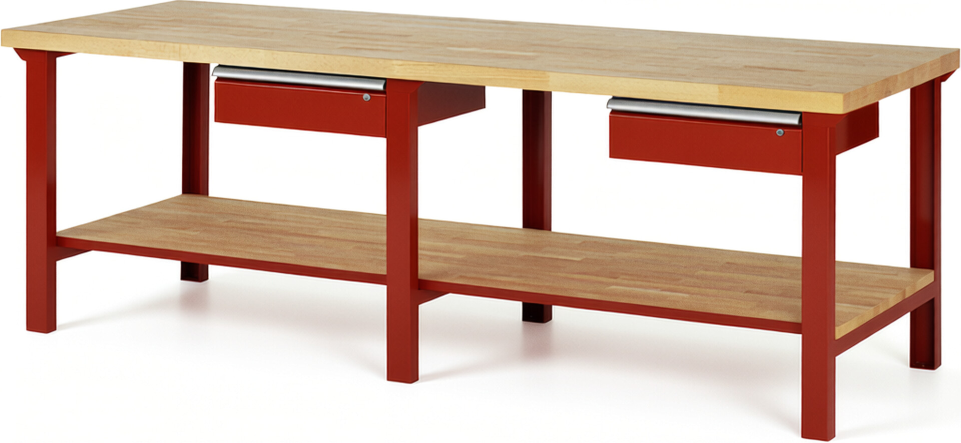 Werkbank Modell 7001 rot, BxTxH 2500x900x840 mm,  Buche-Massiv Arbeitsplatte 40 mm,  2 Schubladen mit  Auszug 90 %