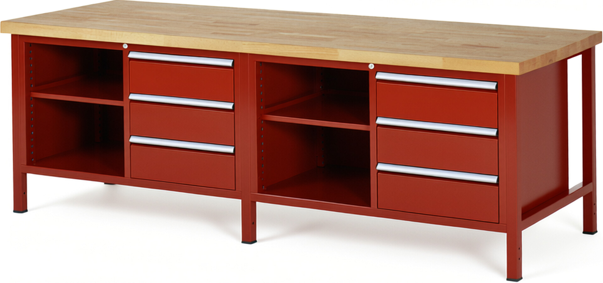 Werkbank Modell 8462 rot, BxTxH 2500x900x840 mm,  Buche-Massiv Arbeitsplatte 40 mm,  6 Schubladen mit  Vollauszug 100 % und  SoftClosing