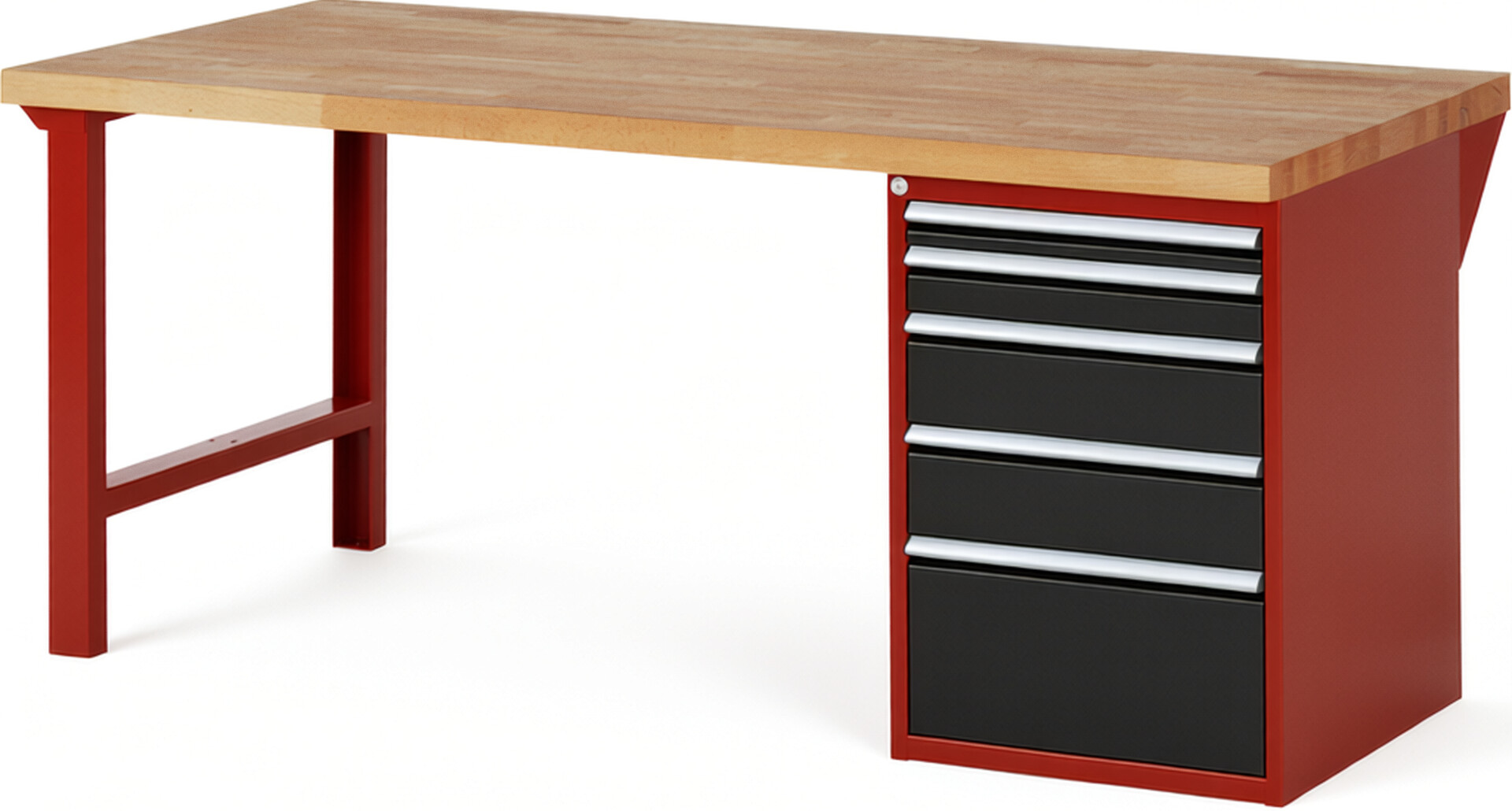Werkbank Modell 7511 rot - schwarz, BxTxH 2000x900x840 mm,  Buche-Massiv Arbeitsplatte 40 mm,  5 Schubladen mit  Vollauszug 100 % und  SoftClosing