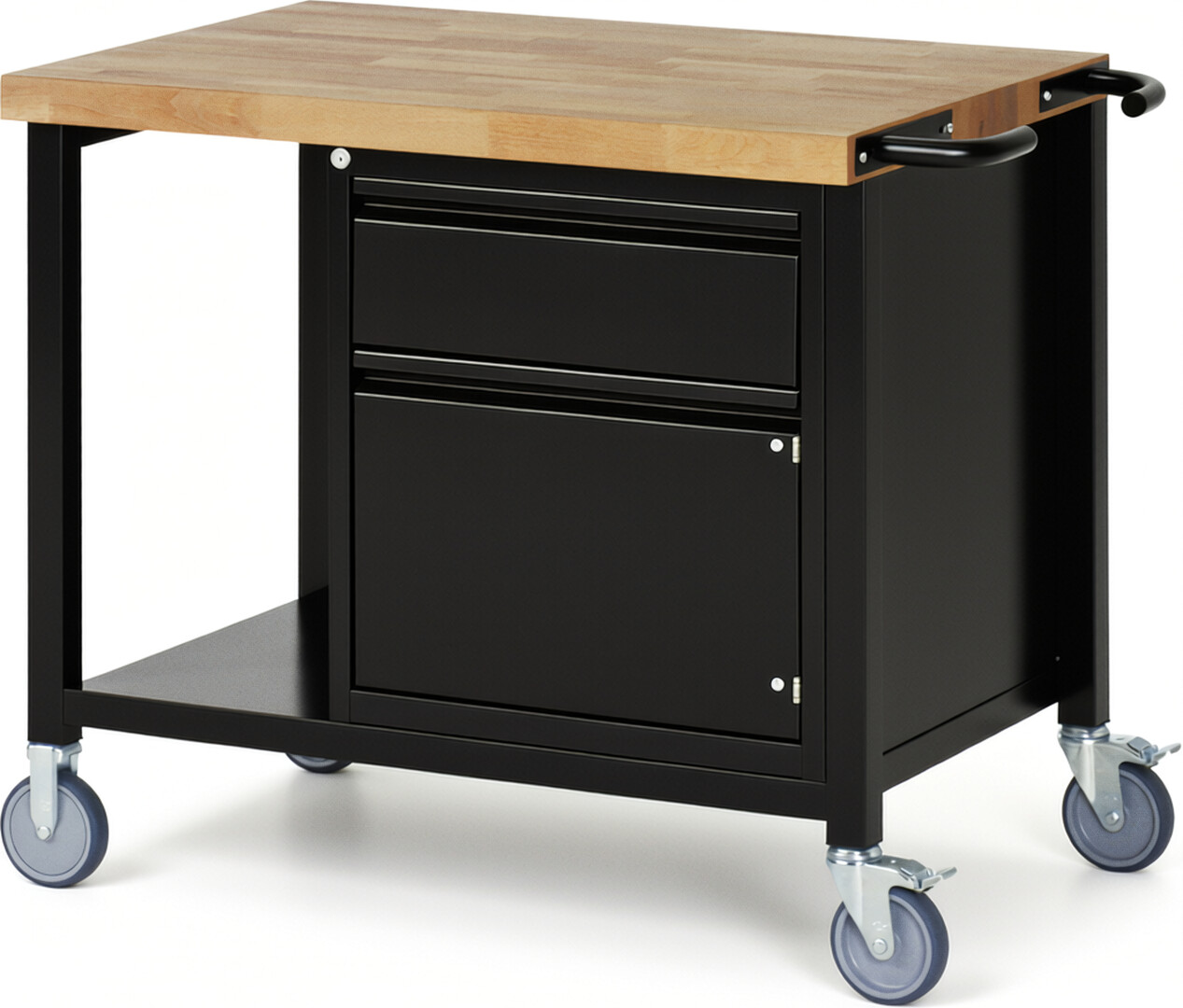 Fahrbare Werkbank - Modell 8152 BASIC schwarz, BxTxH 1000x700x880 mm,  Buche-Massiv Arbeitsplatte 40 mm,  1 Schublade mit  Auszug 90 %