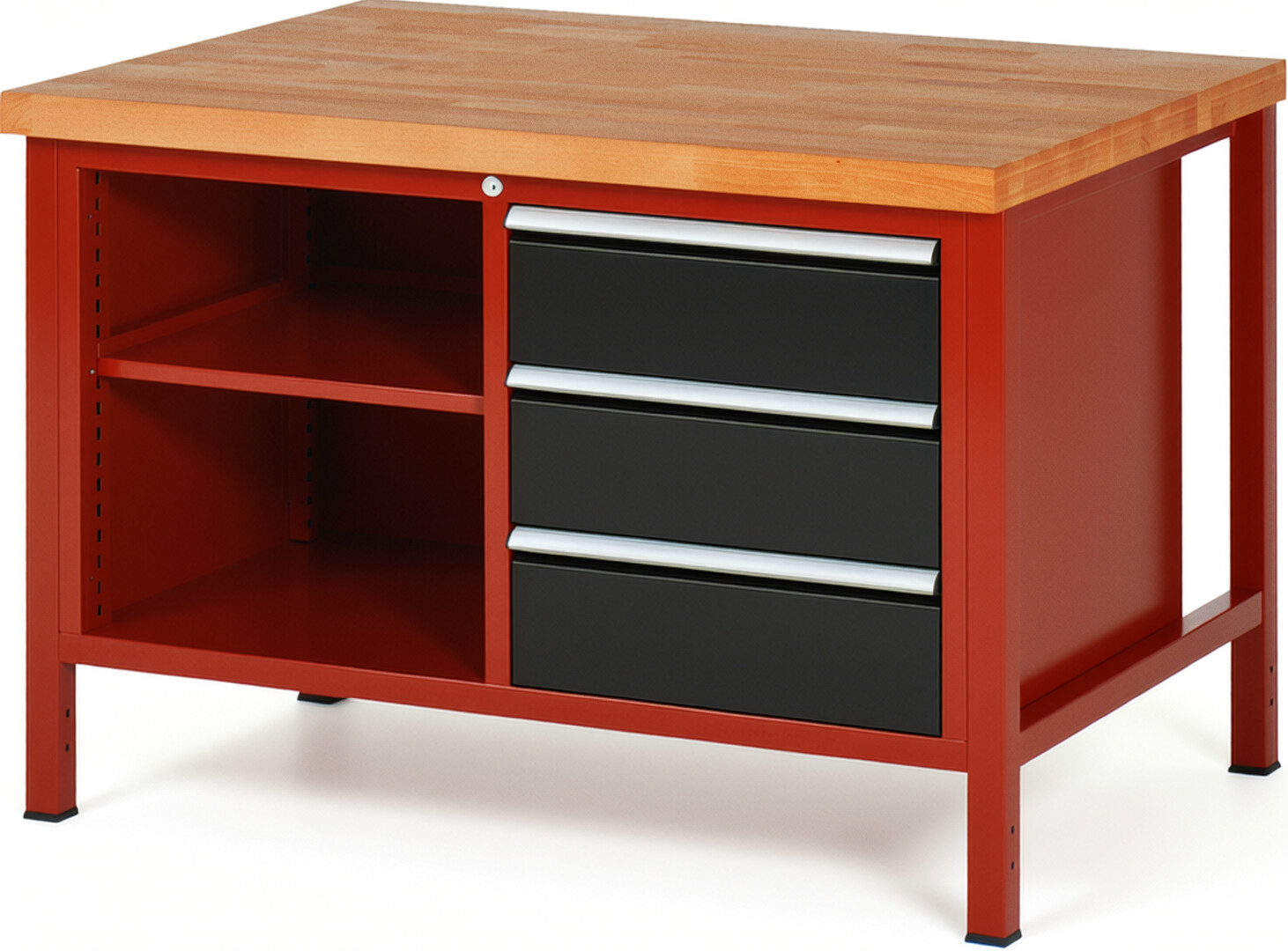 Werkbank Modell 8462 rot - schwarz, BxTxH 1250x900x840 mm,  Buche-Massiv Arbeitsplatte 40 mm,  3 Schubladen mit  Vollauszug 100 % und  SoftClosing