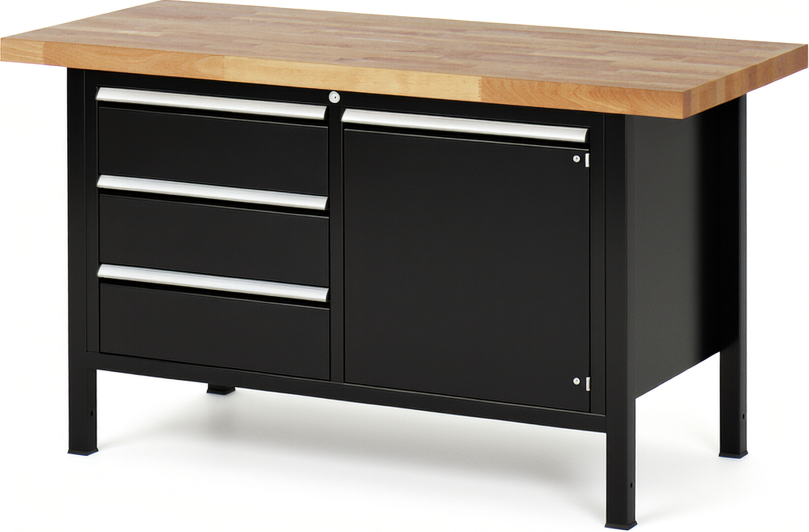 Werkbank Modell 8468 schwarz, BxTxH 1500x700x840-1040 mm,  Buche-Massiv Arbeitsplatte 40 mm,  3 Schubladen mit  Auszug 90 %