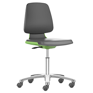 Arbeitsdrehstuhl mit Flex-Rückenlehne u. Sitzkante, Sitzschale grün, Sitz Kunstleder schwarz, Rollen, Sitz Höhe 450-650 mm