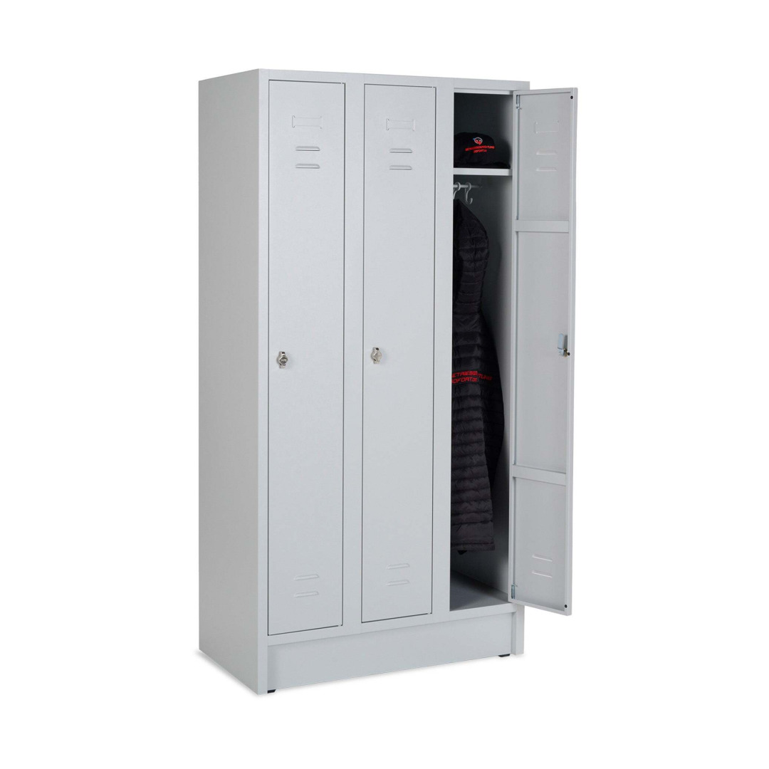Kleiderspind, 3 Abteile, Abteilbreite 300 mm, Höhe 180 cm, Breite 90 cm, RAL 7035 Lichtgrau