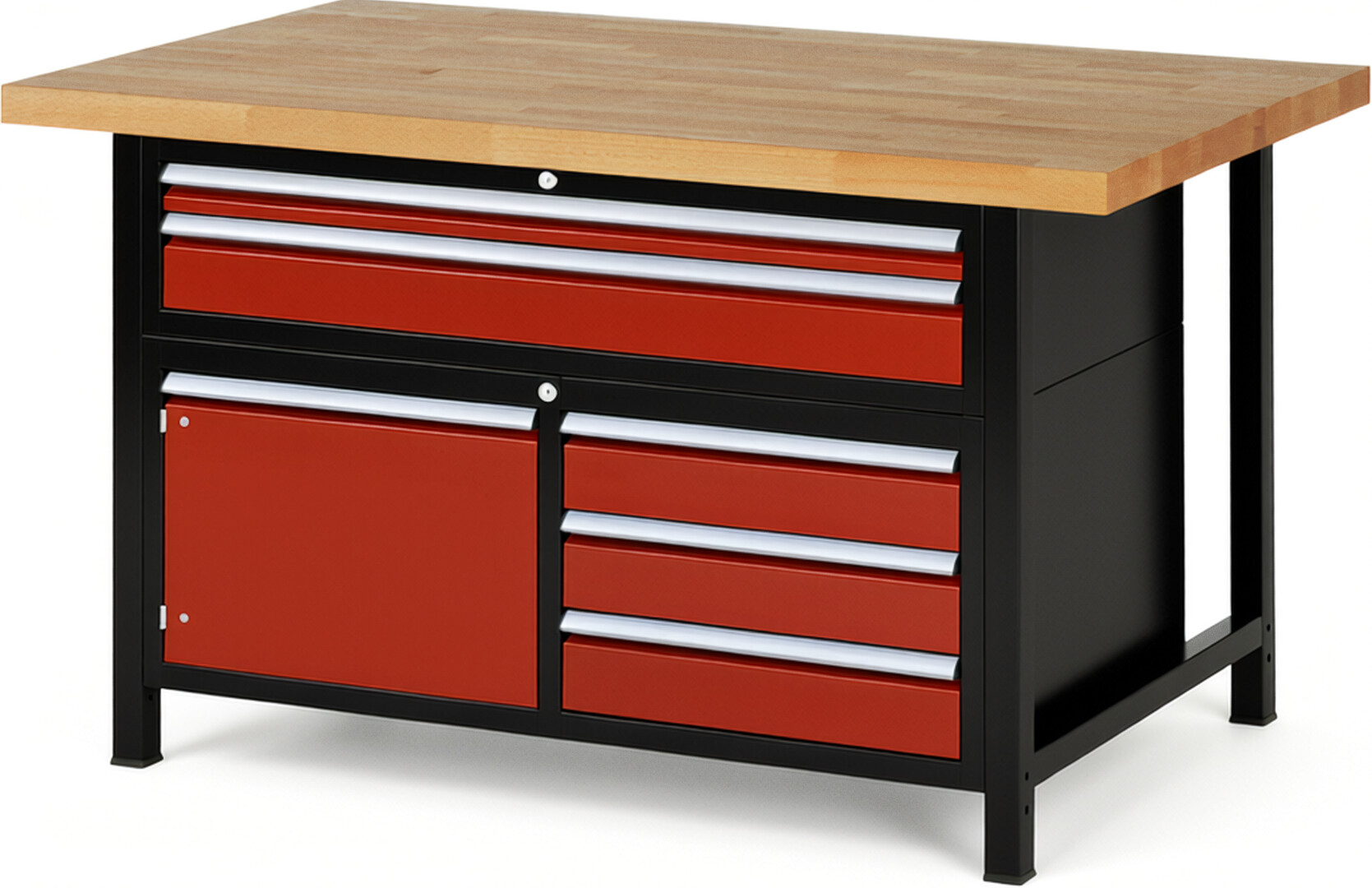 RAU Werkbank schwarz - rot - Breite 150 cm - Tiefe 90 cm - Höhe 104 cm - Buche-Massiv Arbeitsplatte 40 mm