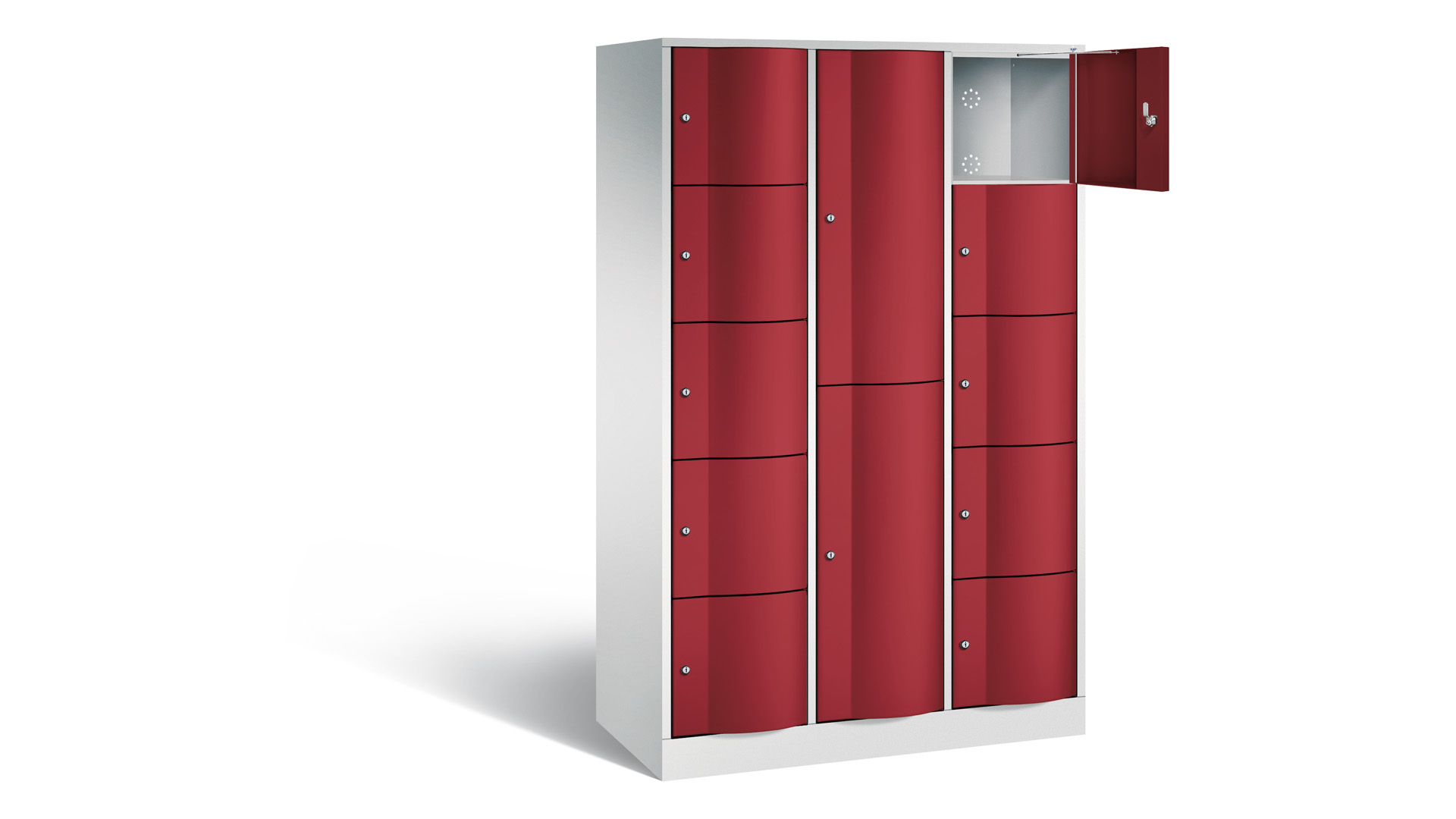 Schließfachschrank, vandalismussicher, Zylinderschloss, 12 Fächer Kombi (5/2/5), Türfarbe rubinrot, 1.950 x 1.150 x 540 mm (HxBxT)