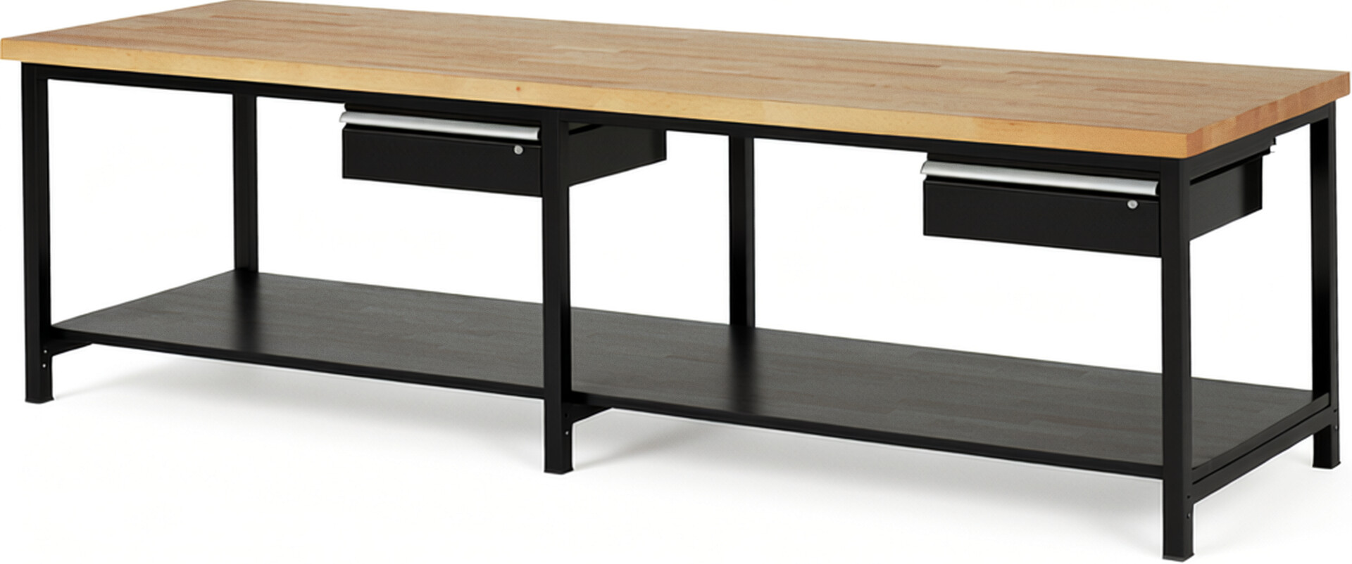Werkbank Modell 8001 schwarz, BxTxH 3000x900x840 mm,  Buche-Massiv Arbeitsplatte 40 mm,  2 Schubladen mit  Auszug 90 %