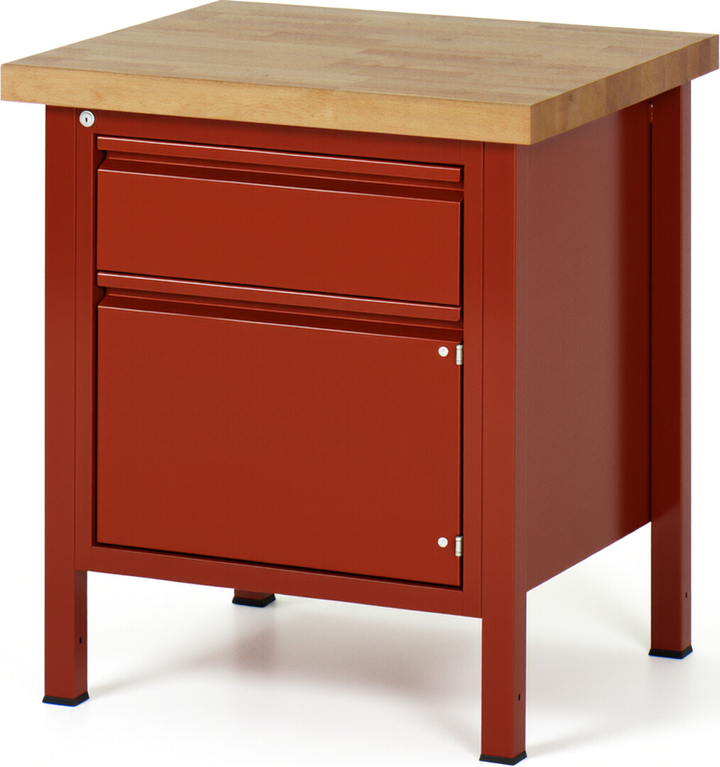 Werkbank rot, BxTxH 750x700x840-1040 mm, Platte Buche 40 mm, 1 Schublade 180 mm, 1 Tür 360 mm, RAL 3000/3000
