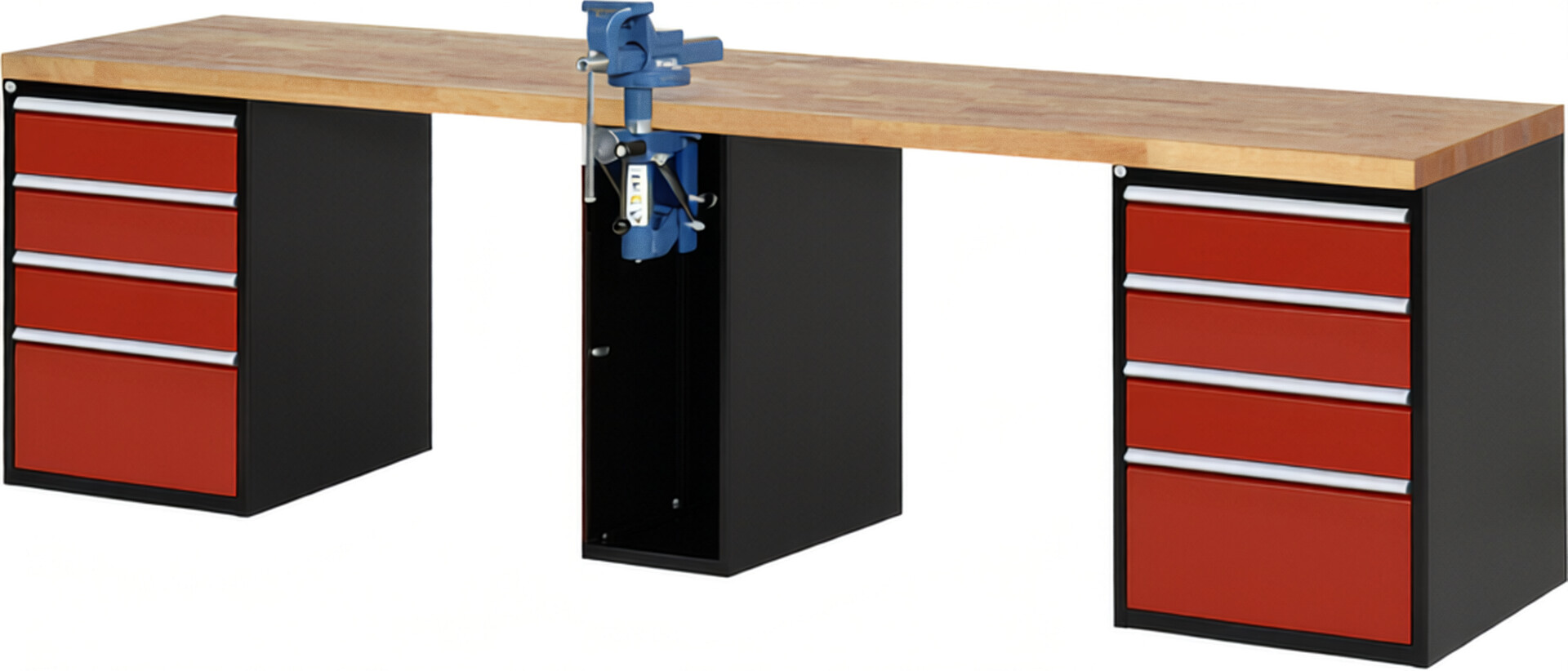 Werkbank Modell 7510 schwarz-rot, BxTxH 3000x700x840 mm,  Buche-Massiv Arbeitsplatte 40 mm,  8 Schubladen mit  Vollauszug 100 % und  SoftClosing