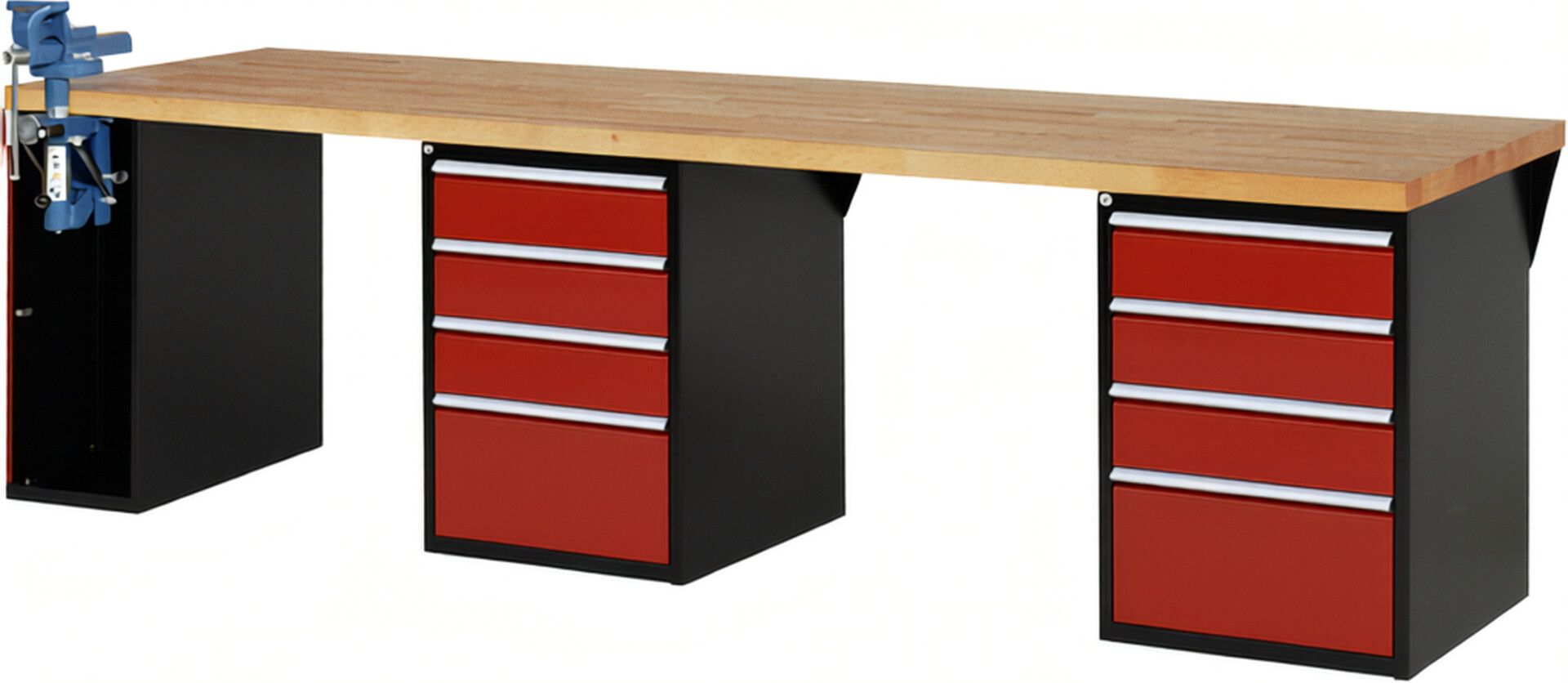 Werkbank Modell 7510 schwarz-rot, BxTxH 3000x900x840 mm,  Buche-Massiv Arbeitsplatte 40 mm,  8 Schubladen mit  Auszug 90 %