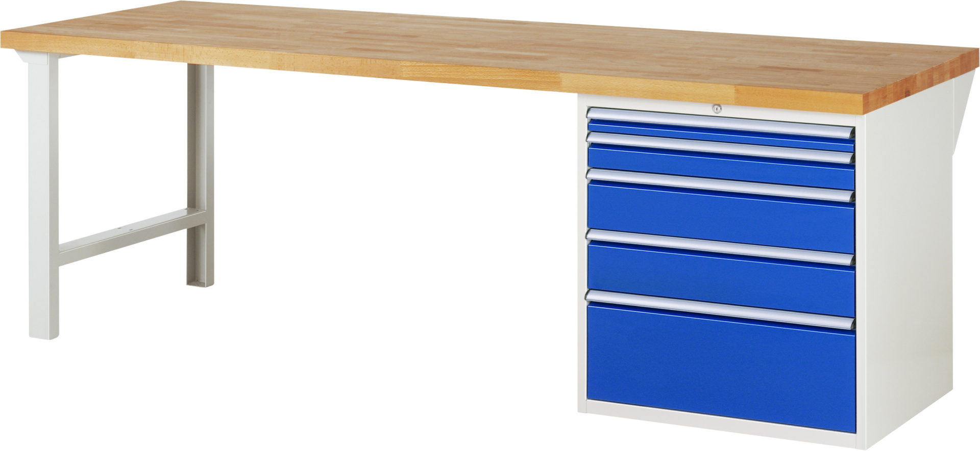 Werkbank Modell 7611 rot - schwarz, BxTxH 2500x900x840 mm,  Buche-Massiv Arbeitsplatte 40 mm,  5 Schubladen mit  Vollauszug 100 % und  SoftClosing