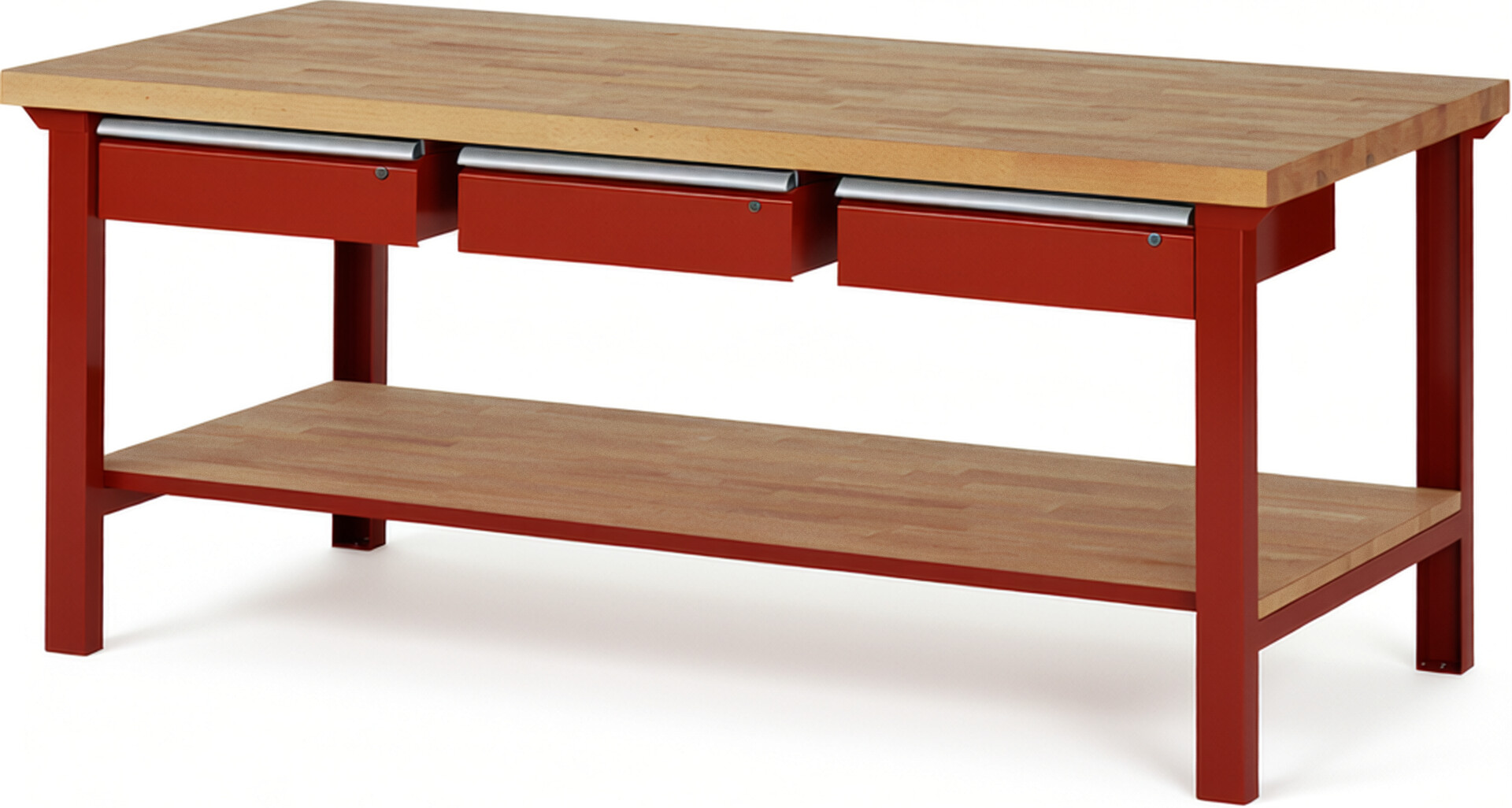 RAU Werkbank rot - Breite 200 cm - Tiefe 90 cm - Höhe 84 cm - Buche-Massiv Arbeitsplatte 40 mm