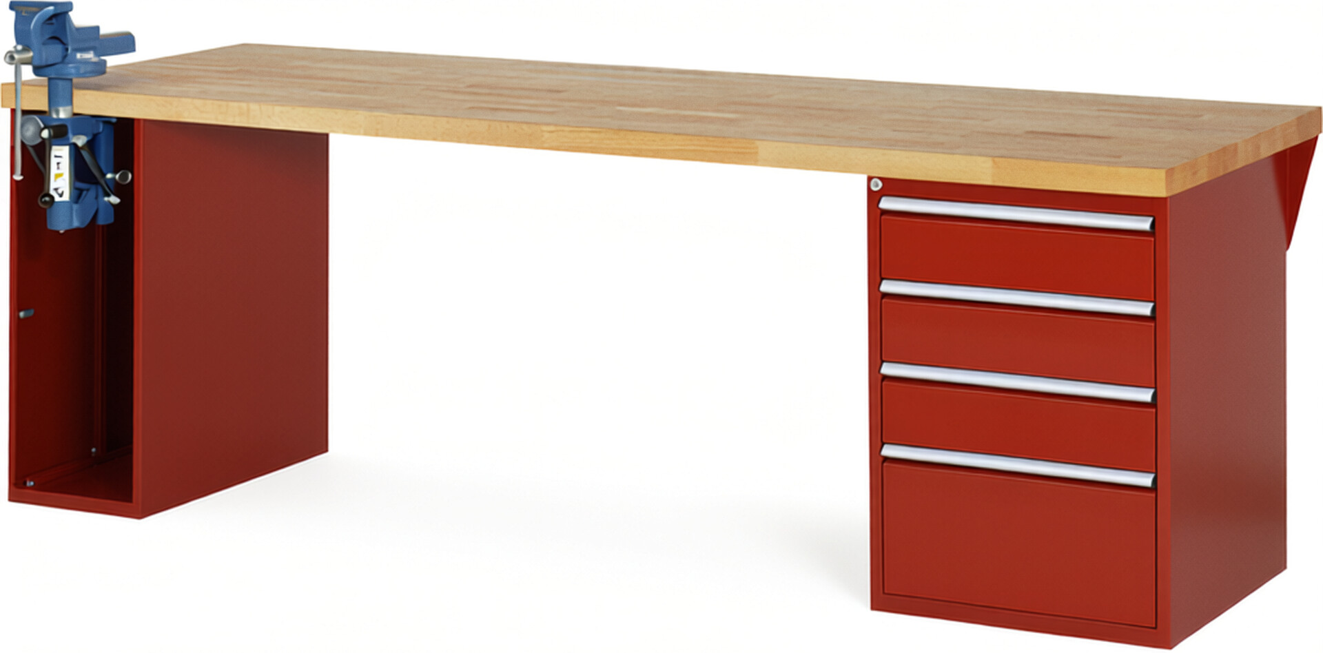 RAU Werkbank rot - Breite 250 cm - Tiefe 90 cm - Höhe 84 cm - Buche-Massiv Arbeitsplatte 40 mm