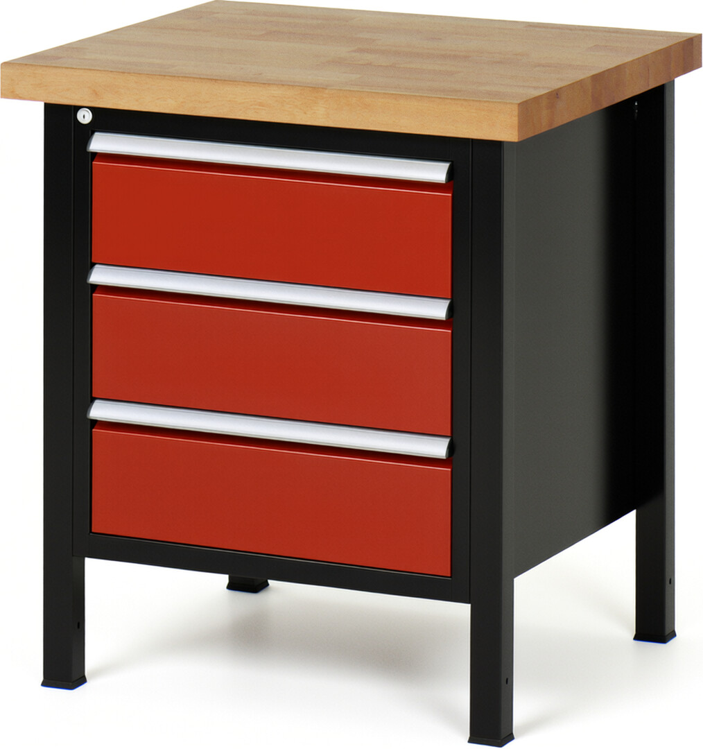 Werkbank Modell 8157 schwarz-rot, BxTxH 750x700x840-1040 mm,  Buche-Massiv Arbeitsplatte 40 mm,  3 Schubladen mit  Vollauszug 100 % und  SoftClosing