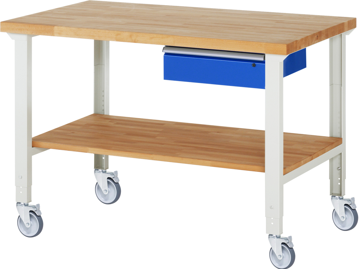 Fahrbare Werkbank Modell 7001,  BxTxH 1500x900x950-1000 mm,  Buche-Massiv Arbeitsplatte 40 mm,  1 Schublade mit  Auszug 90 %