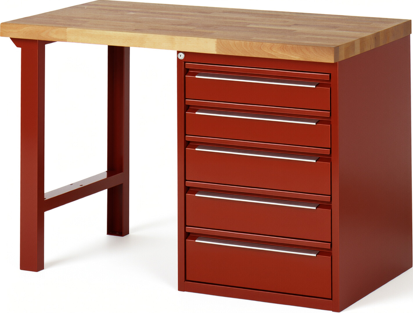 Werkbank rot, BxTxH 1250x700x840 mm, Platte Buche 40 mm, 5 Schubladen: 2x120, 2x150, 1x180 mm, RAL 3000/3000