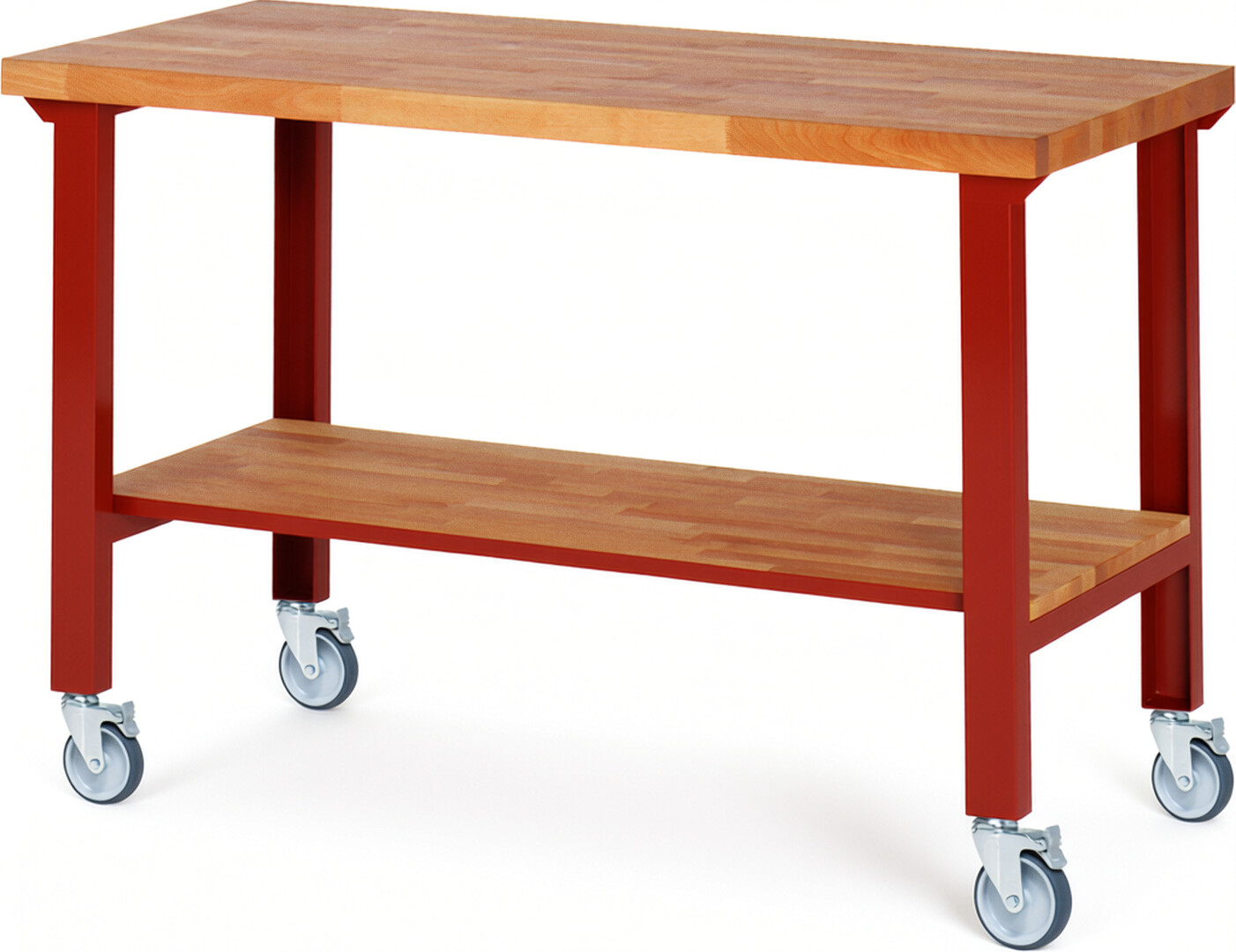 Fahrbare Werkbank Modell 7000 rot, BxTxH 1500x700x1000 mm,  Buche-Massiv Arbeitsplatte 40 mm