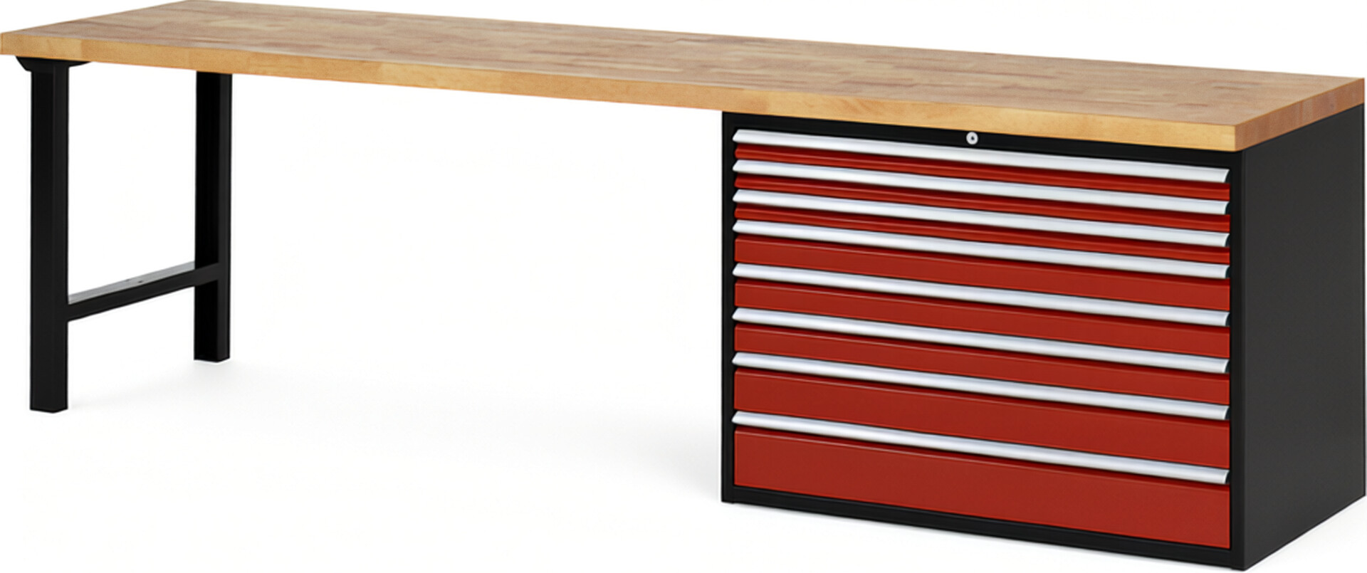 RAU Werkbank schwarz - rot - Breite 300 cm - Tiefe 70 cm - Höhe 84 cm - Buche-Massiv Arbeitsplatte 40 mm