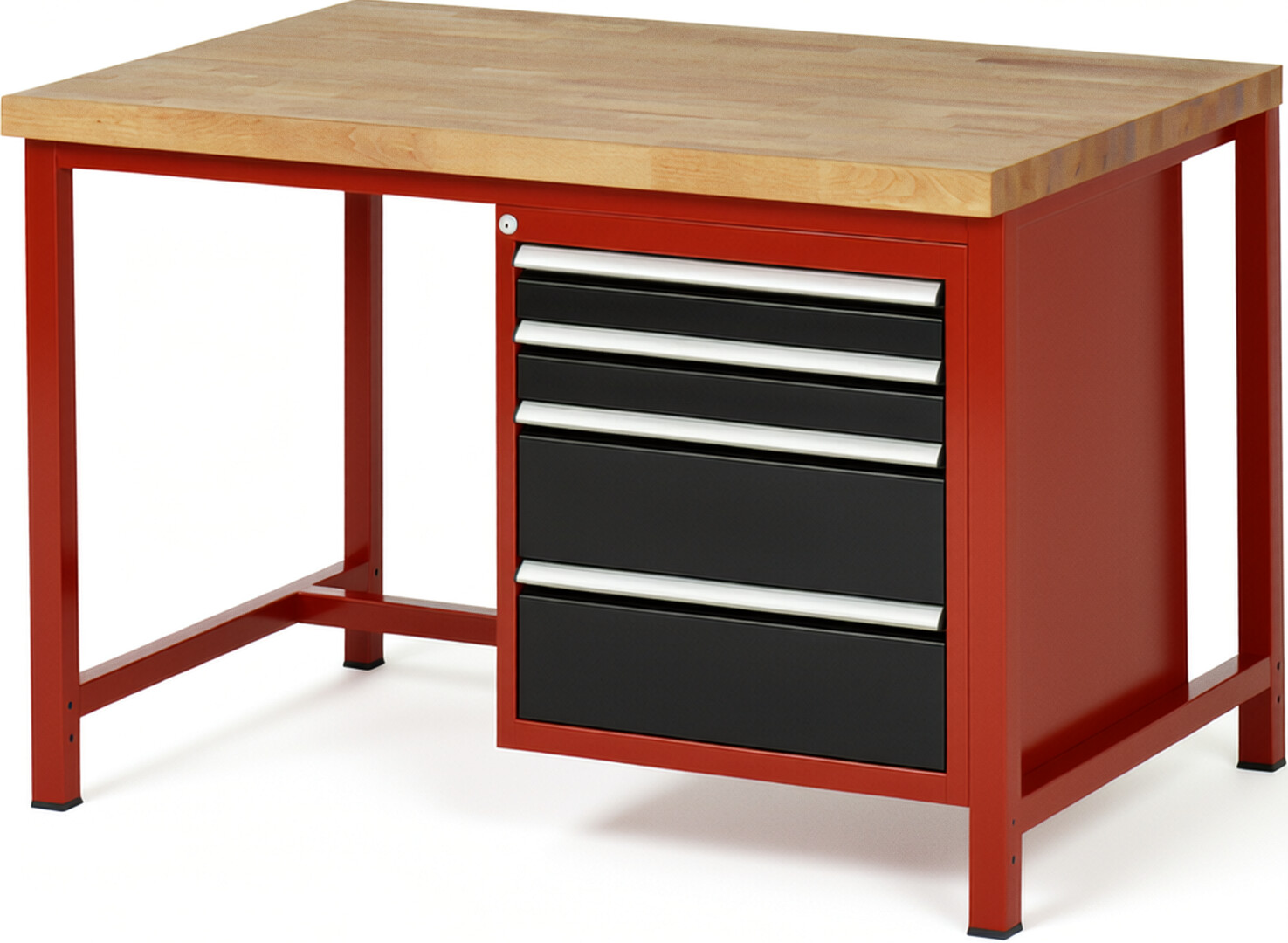 Werkbank Modell 8161 rot - schwarz, BxTxH 1250x900x840 mm,  Buche-Massiv Arbeitsplatte 40 mm,  4 Schubladen mit  Vollauszug 100 % und  SoftClosing