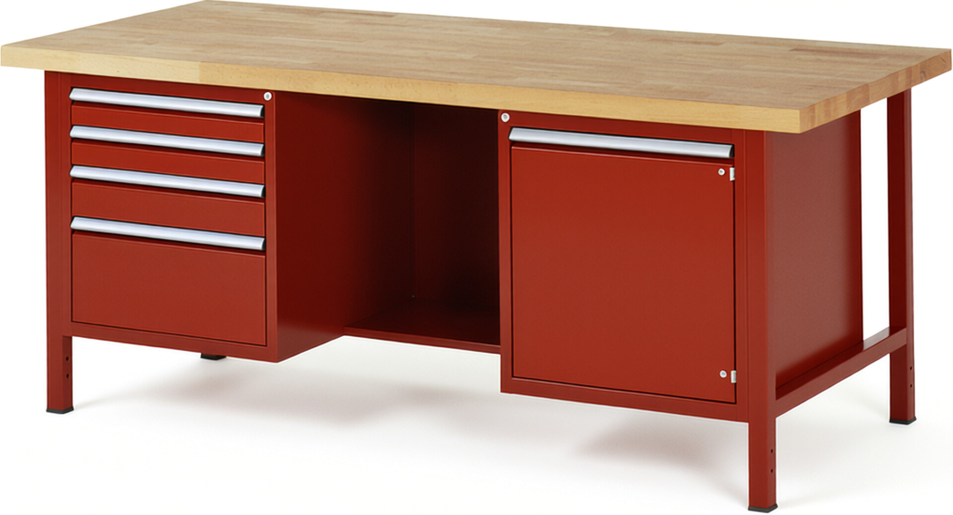 Werkbank Modell 8553 rot, BxTxH 2000x900x840-1040 mm,  Buche-Massiv Arbeitsplatte 40 mm,  4 Schubladen mit  Vollauszug 100 % und  SoftClosing