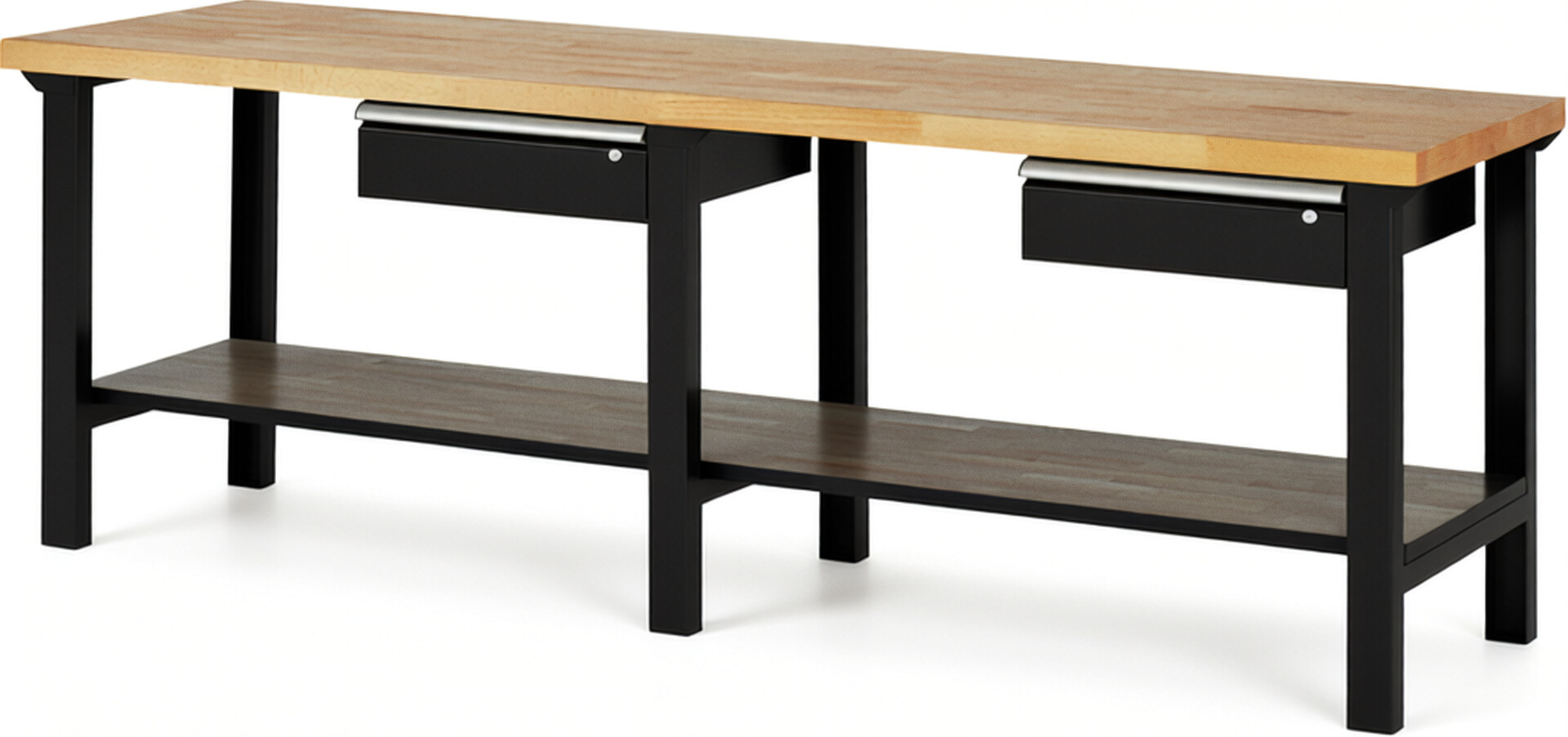 Werkbank Modell 7001 schwarz, BxTxH 2500x700x840 mm,  Buche-Massiv Arbeitsplatte 40 mm,  2 Schubladen mit  Auszug 90 %