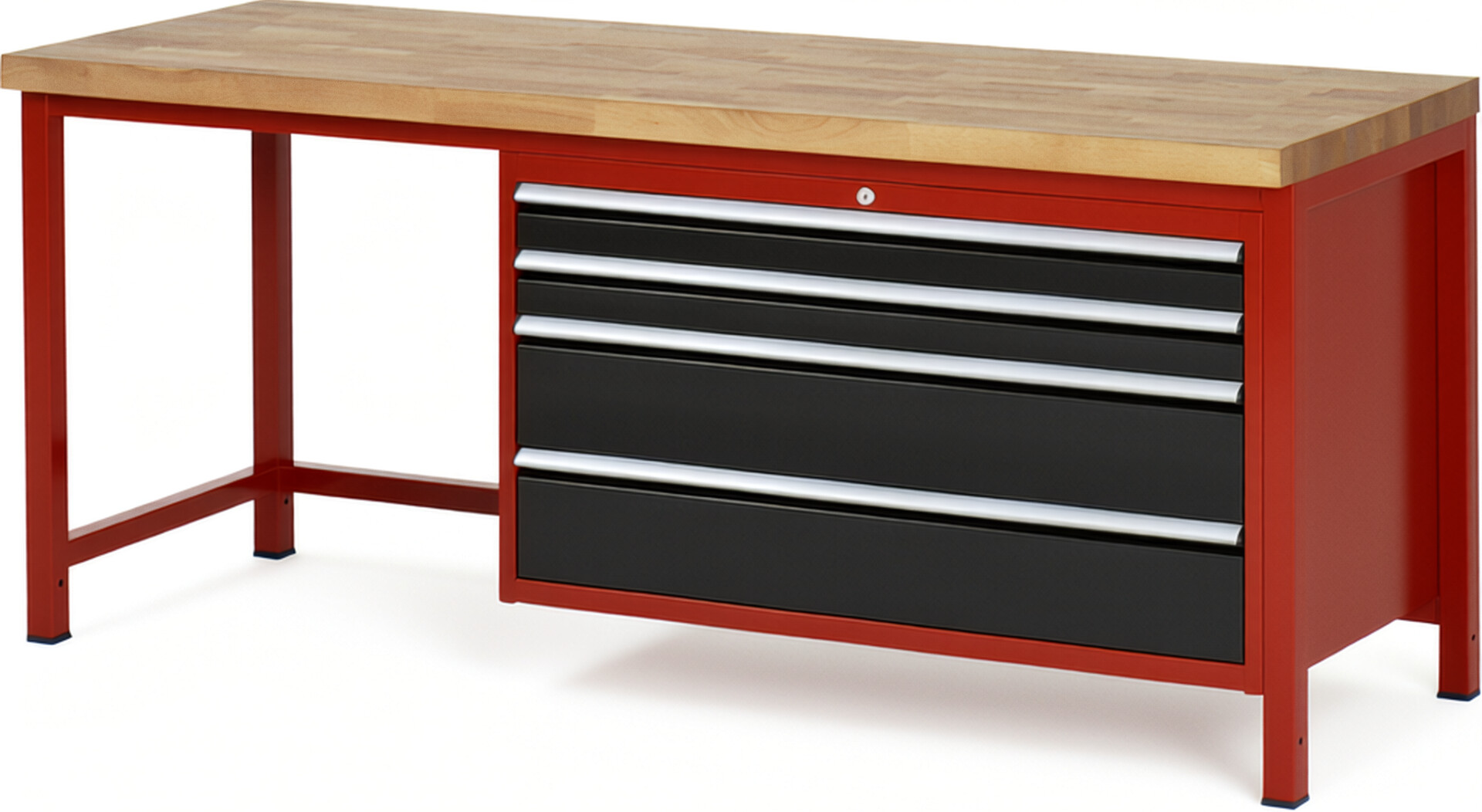 Werkbank Modell 8361 rot - schwarz, BxTxH 2000x700x840-1040 mm,  Buche-Massiv Arbeitsplatte 40 mm,  4 Schubladen mit  Vollauszug 100 % und  SoftClosing