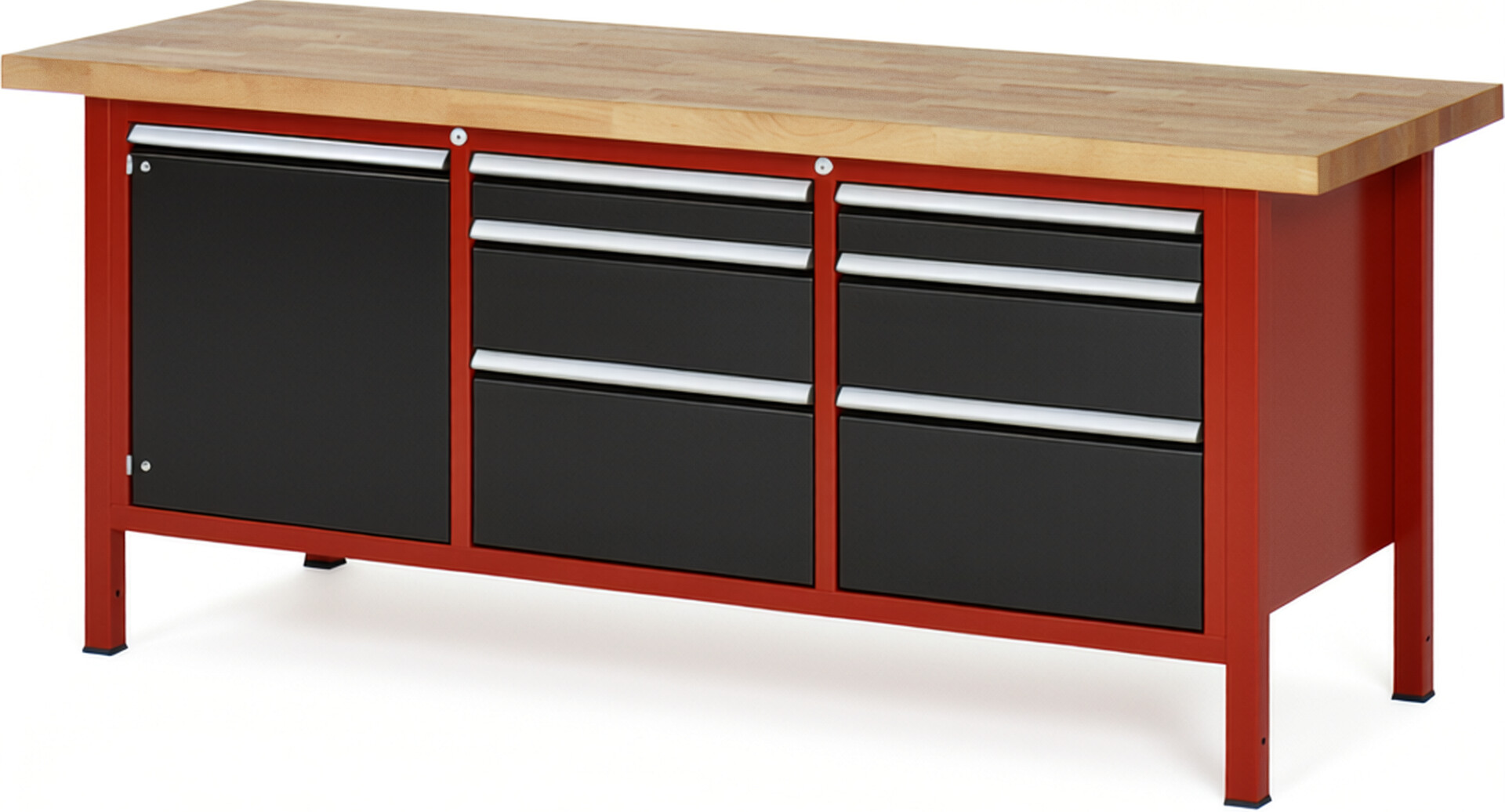 Werkbank Modell 8570 rot - schwarz, BxTxH 2000x700x840-1040 mm,  Buche-Massiv Arbeitsplatte 40 mm,  6 Schubladen mit  Auszug 90 %