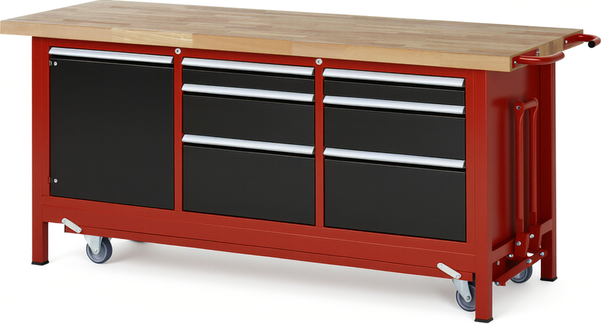 Absenkbare Werkbank Modell 8570 rot - schwarz, BxTxH 2000x700x880 mm,  Buche-Massiv Arbeitsplatte 40 mm,  6 Schubladen mit  Vollauszug 100 % und  SoftClosing