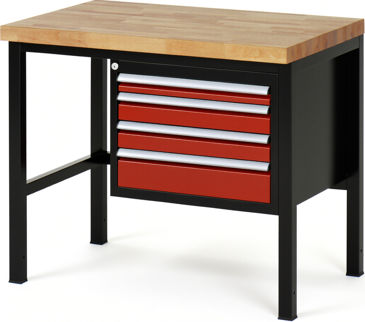 Werkbank Modell 8132 schwarz-rot, BxTxH 1000x700x840 mm,  Buche-Massiv Arbeitsplatte 40 mm,  4 Schubladen mit  Auszug 90 %