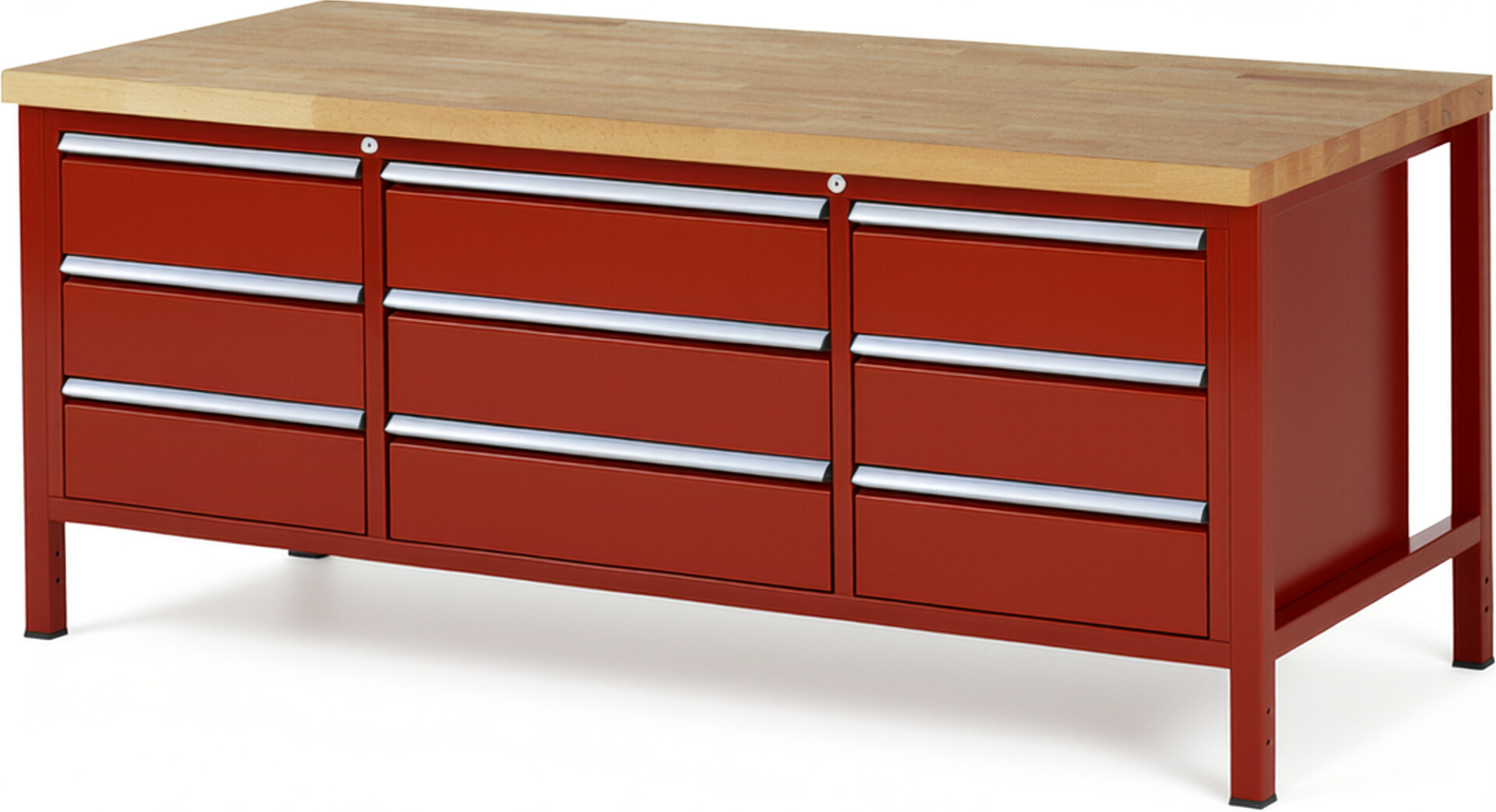 Werkbank Modell 8754 rot, BxTxH 2000x900x840-1040 mm,  Buche-Massiv Arbeitsplatte 40 mm,  9 Schubladen mit  Vollauszug 100 % und  SoftClosing