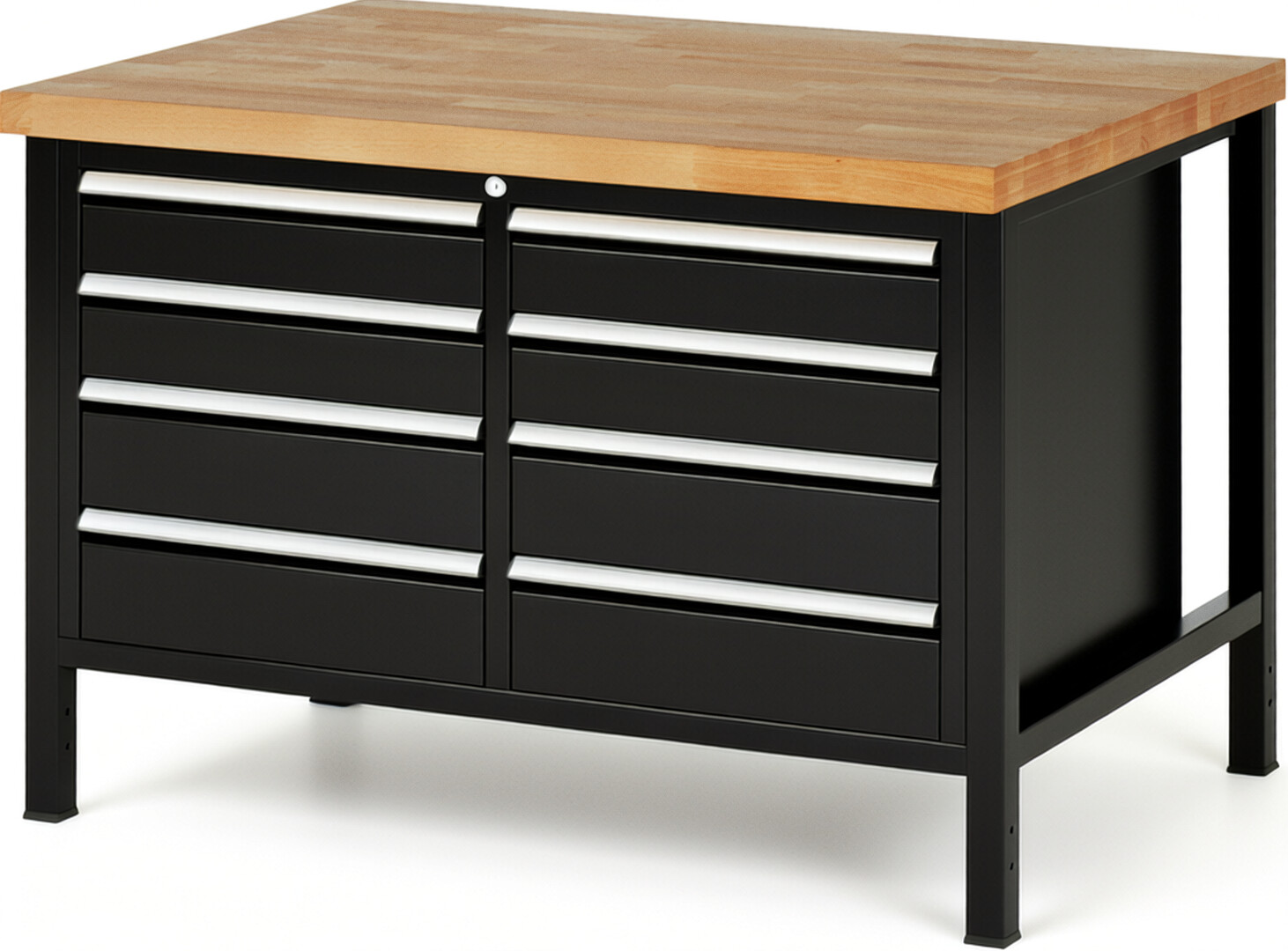 Werkbank Modell 8477 schwarz, BxTxH 1250x900x840 mm,  Buche-Massiv Arbeitsplatte 40 mm,  8 Schubladen mit  Auszug 90 %