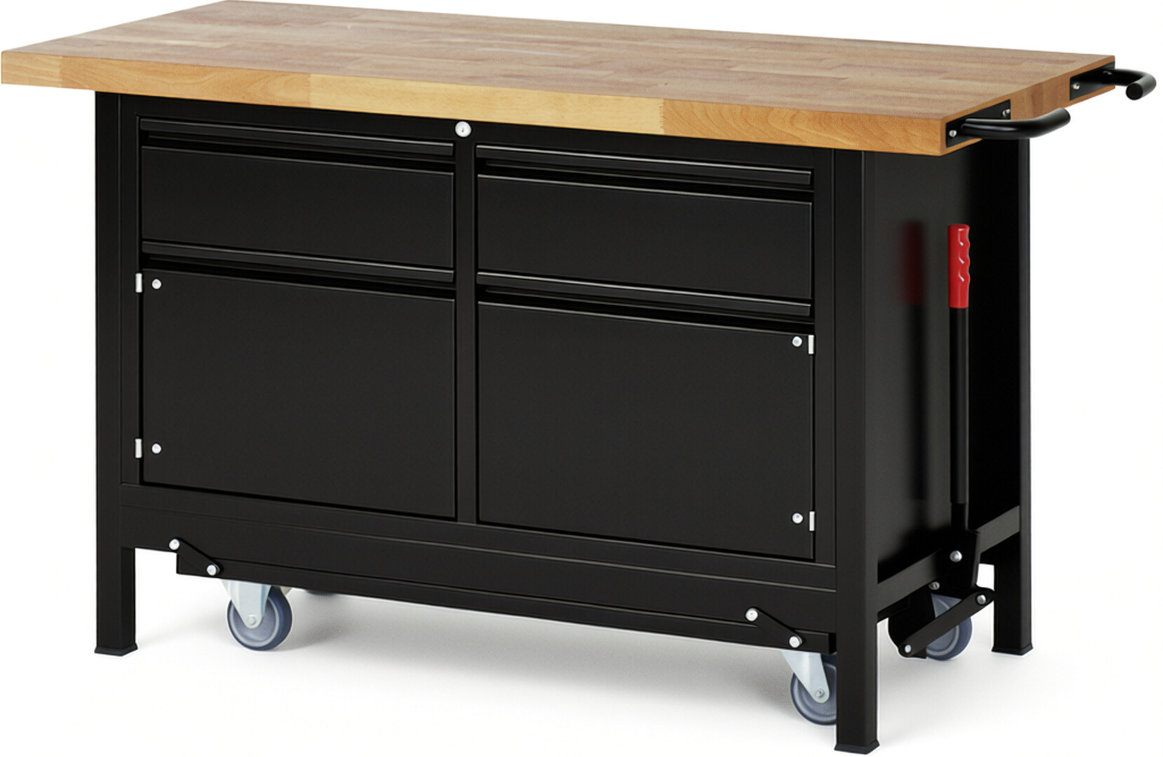 Absenkbare Werkbank - Modell 8466 BASIC schwarz, BxTxH 1500x700x880 mm,  Buche-Massiv Arbeitsplatte 40 mm,  2 Schubladen mit  Auszug 90 %