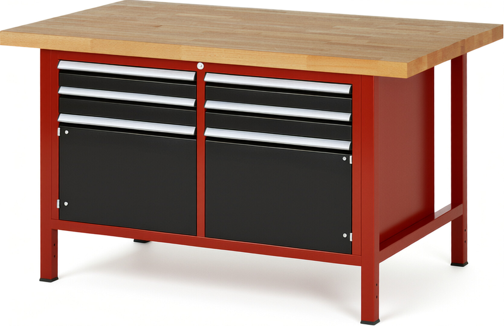 RAU Werkbank rot - schwarz - Breite 150 cm - Tiefe 90 cm - Höhe 84 cm - Buche-Massiv Arbeitsplatte 40 mm