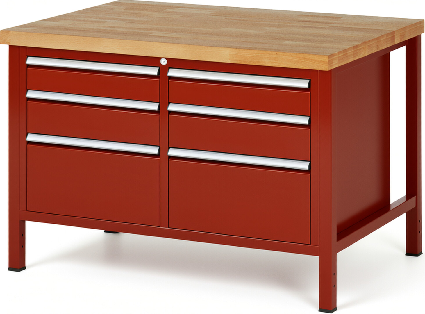 Werkbank Modell 8475 rot, BxTxH 1250x900x840-1040 mm,  Buche-Massiv Arbeitsplatte 40 mm,  6 Schubladen mit  Auszug 90 %