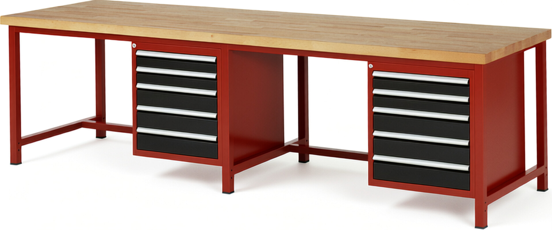 RAU Werkbank rot - schwarz - Breite 300 cm - Tiefe 90 cm - Höhe 104 cm - Buche-Massiv Arbeitsplatte 40 mm
