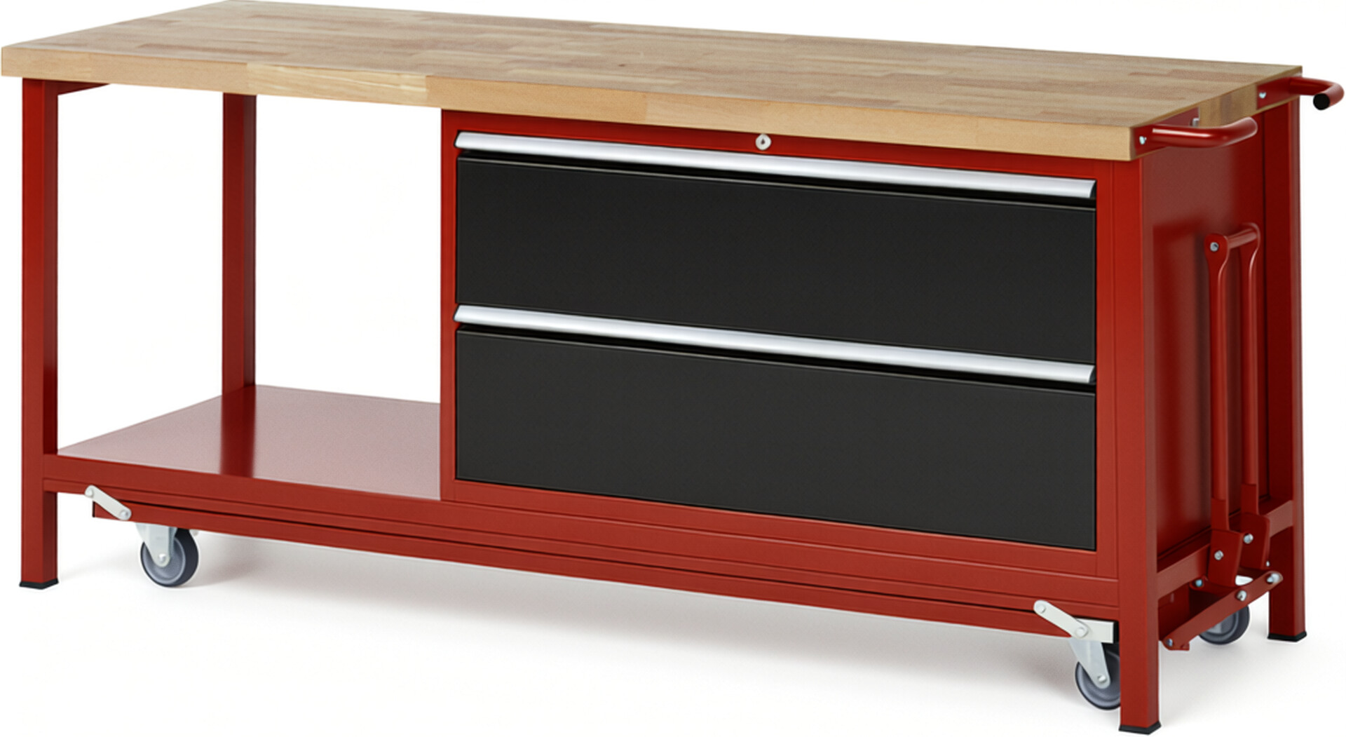 Absenkbare Werkbank Modell 8355 rot - schwarz, BxTxH 2000x700x880 mm,  Buche-Massiv Arbeitsplatte 40 mm,  2 Schubladen mit  Auszug 90 %