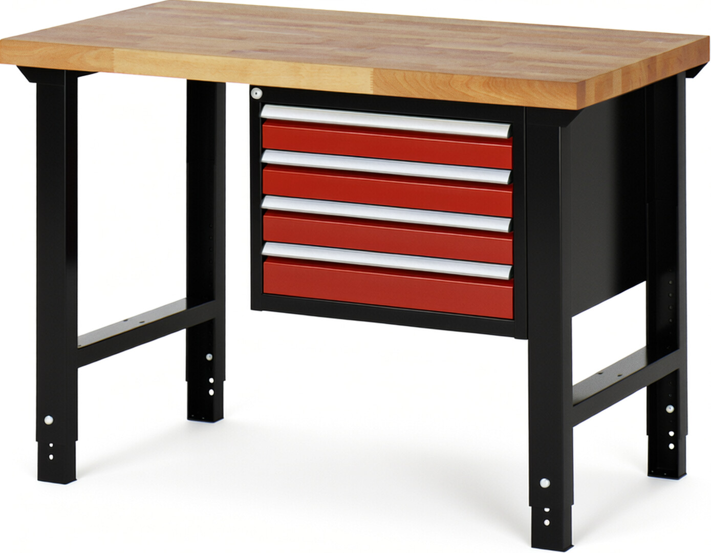 RAU Werkbank schwarz - rot - Breite 125 cm - Tiefe 70 cm - Höhe 114 cm - Buche-Massiv Arbeitsplatte 40 mm