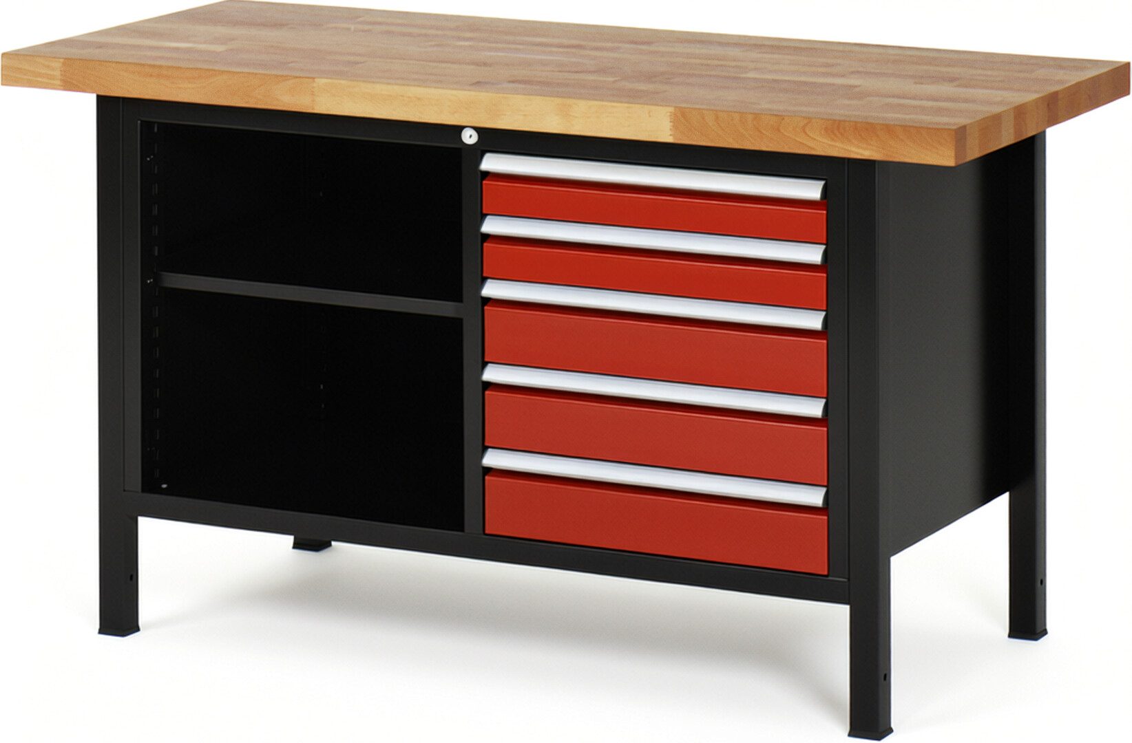 RAU Werkbank schwarz - rot - Breite 150 cm - Tiefe 70 cm - Höhe 104 cm - Buche-Massiv Arbeitsplatte 40 mm