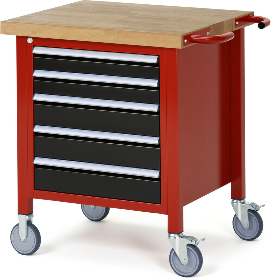 Fahrbare Werkbank Modell 8171 rot - schwarz, BxTxH 750x700x880 mm,  Buche-Massiv Arbeitsplatte 40 mm,  5 Schubladen mit  Vollauszug 100 % und  SoftClosing