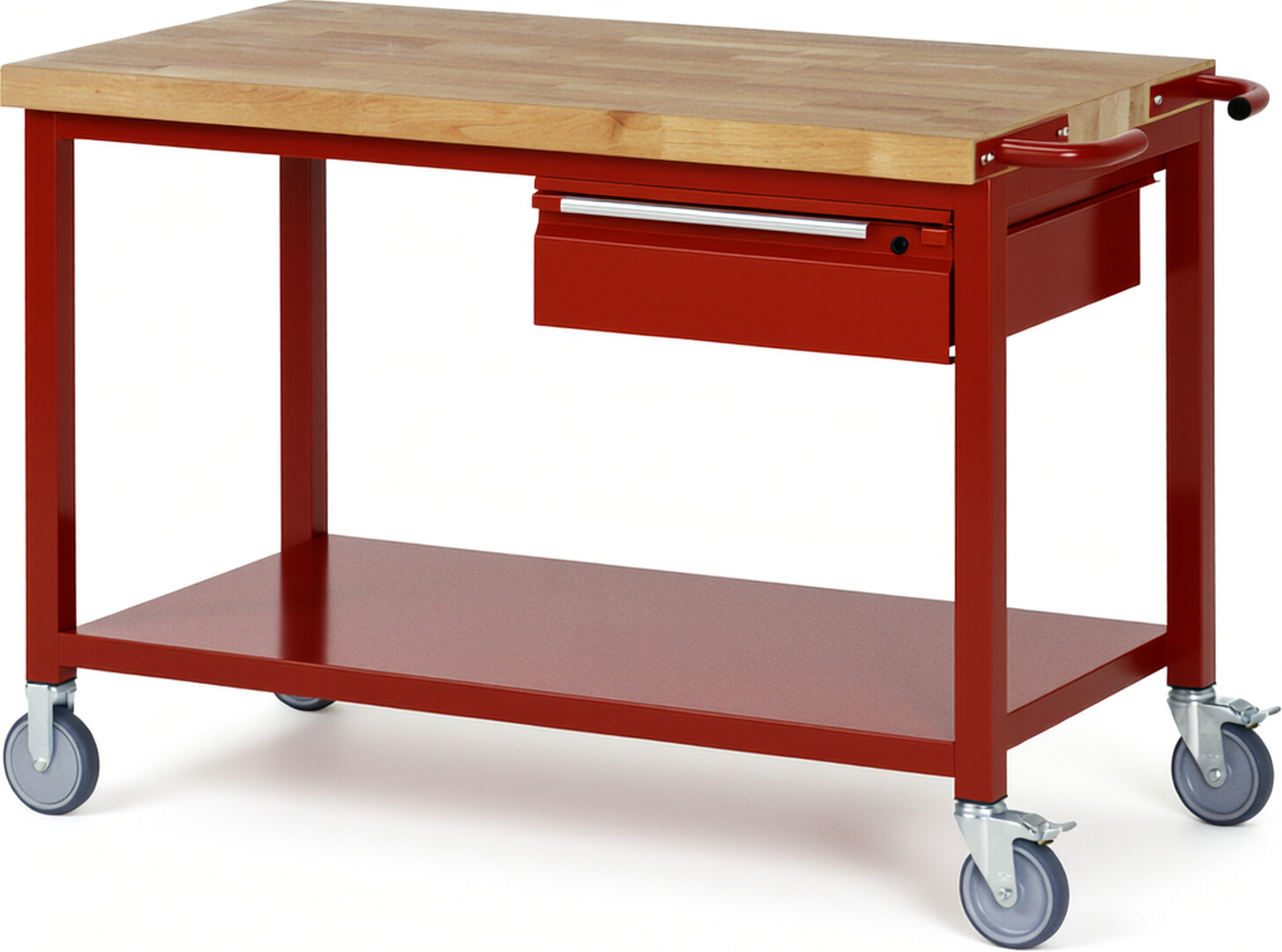 Fahrbare Werkbank - Modell 8001 BASIC rot, BxTxH 1250x700x880 mm,  Buche-Massiv Arbeitsplatte 40 mm,  1 Schublade mit  Auszug 90 %